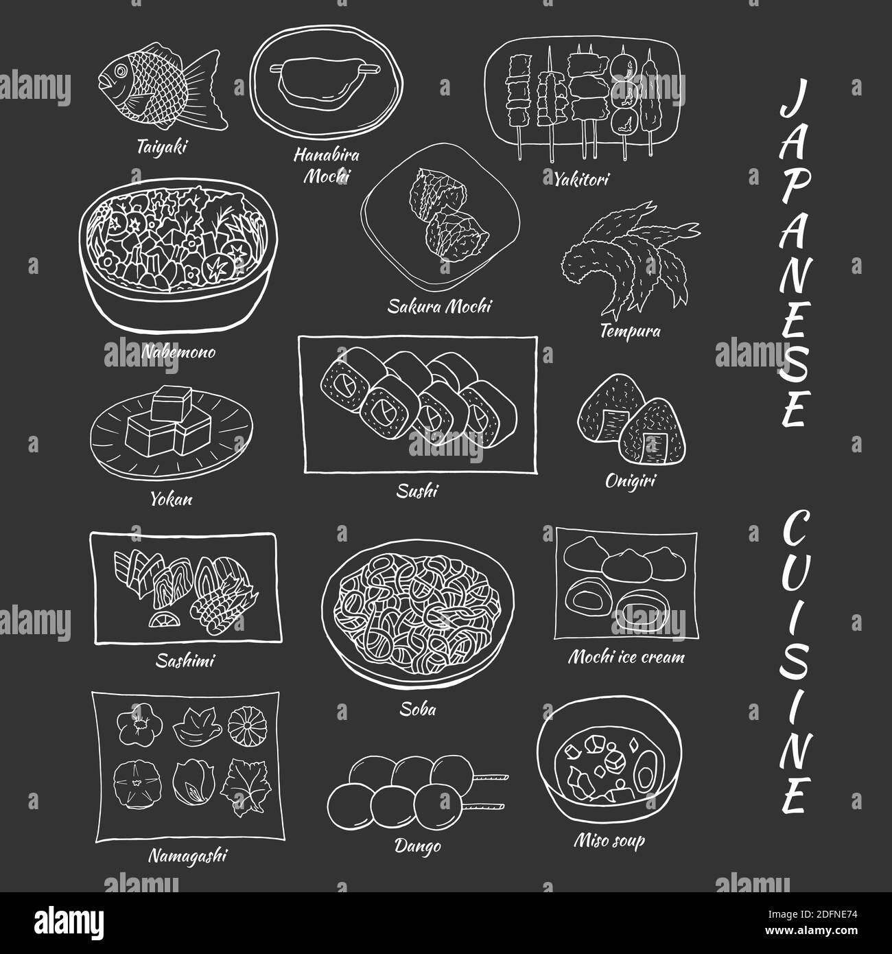 Set di doodle disegnati a mano vettoriali di cucina Giapponese. Progettare elementi di schizzo per menu cafè, ristorante, etichetta e imballaggio. Illustrazione su un backgr scuro Illustrazione Vettoriale