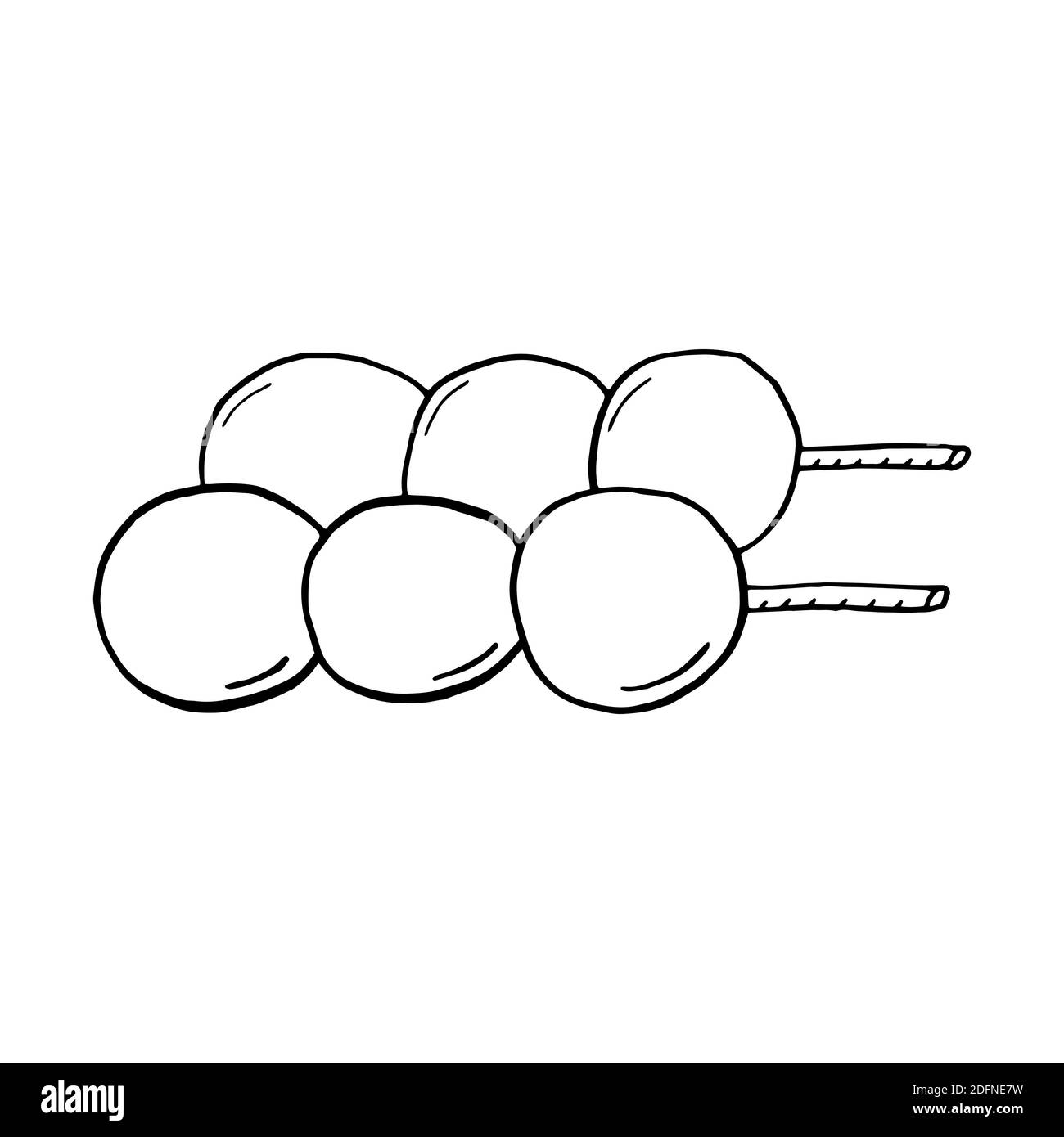 Vettore mano dango doodle disegnato su un bastone. Dessert di riso giapponese. Progettare un elemento di schizzo per menu cafè, ristorante, etichetta e imballaggio. Illustrazione o Illustrazione Vettoriale