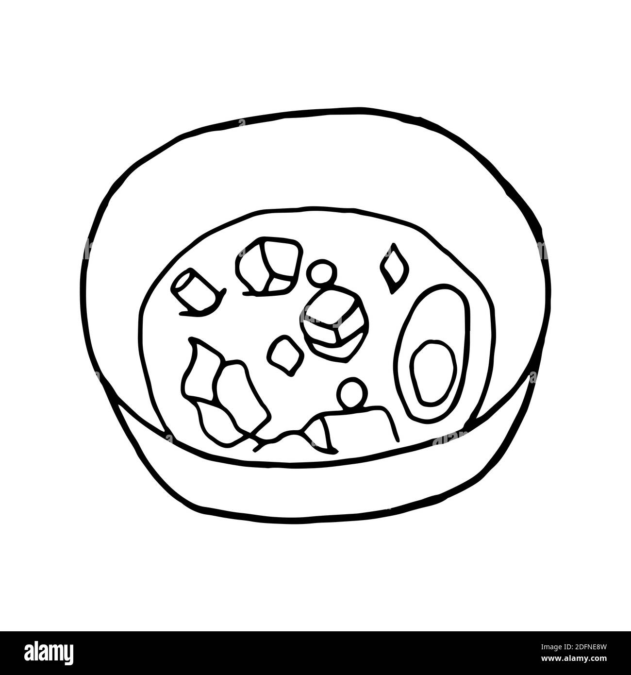 Zuppa di miso di doodle disegnata a mano vettoriale. Piatto di cucina giapponese. Progettare un elemento di schizzo per menu cafè, ristorante, etichetta e imballaggio. Illustrazione su un whi Illustrazione Vettoriale