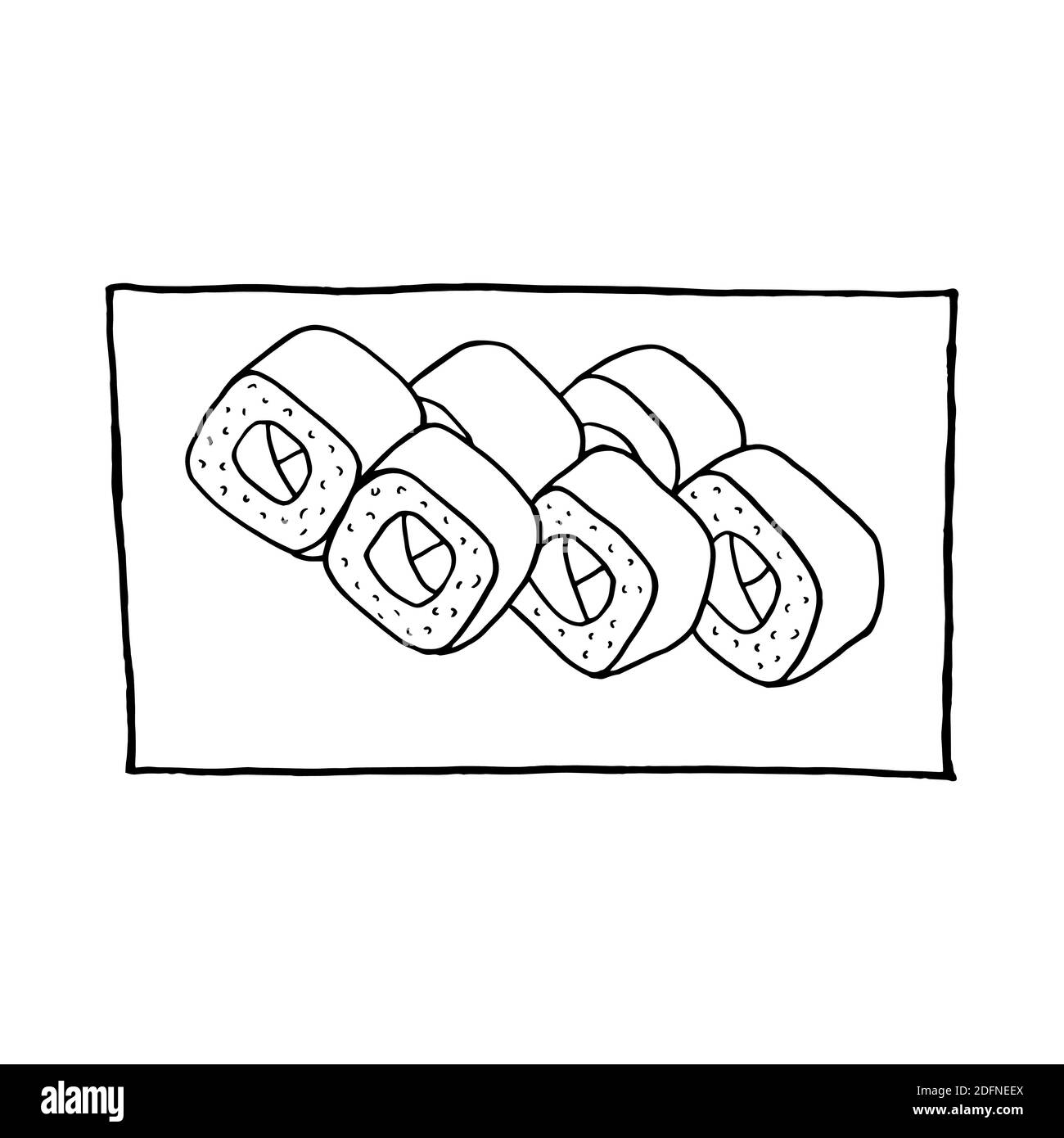 Vector rotolo di sushi di doodle disegnato a mano sul piatto. Piatto di cucina giapponese. Progettare un elemento di schizzo per menu cafè, ristorante, etichetta e imballaggio. Illustr Illustrazione Vettoriale