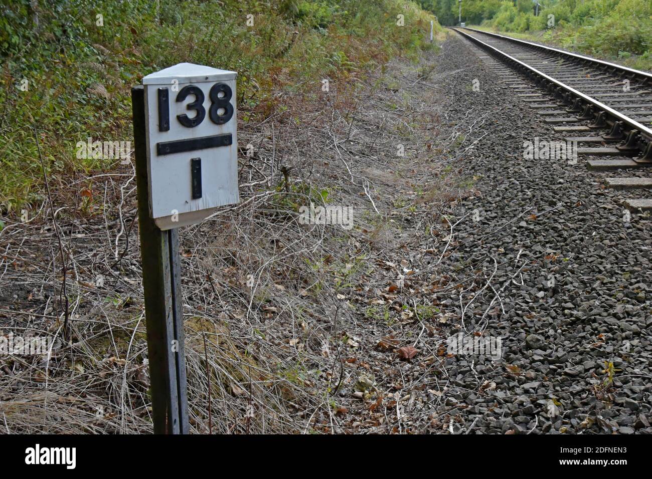 Un Milepost delle Ferrovie britanniche che indica la distanza da una stazione principale, a lato della pista sulla Severn Valley Railway, Shopshire Foto Stock