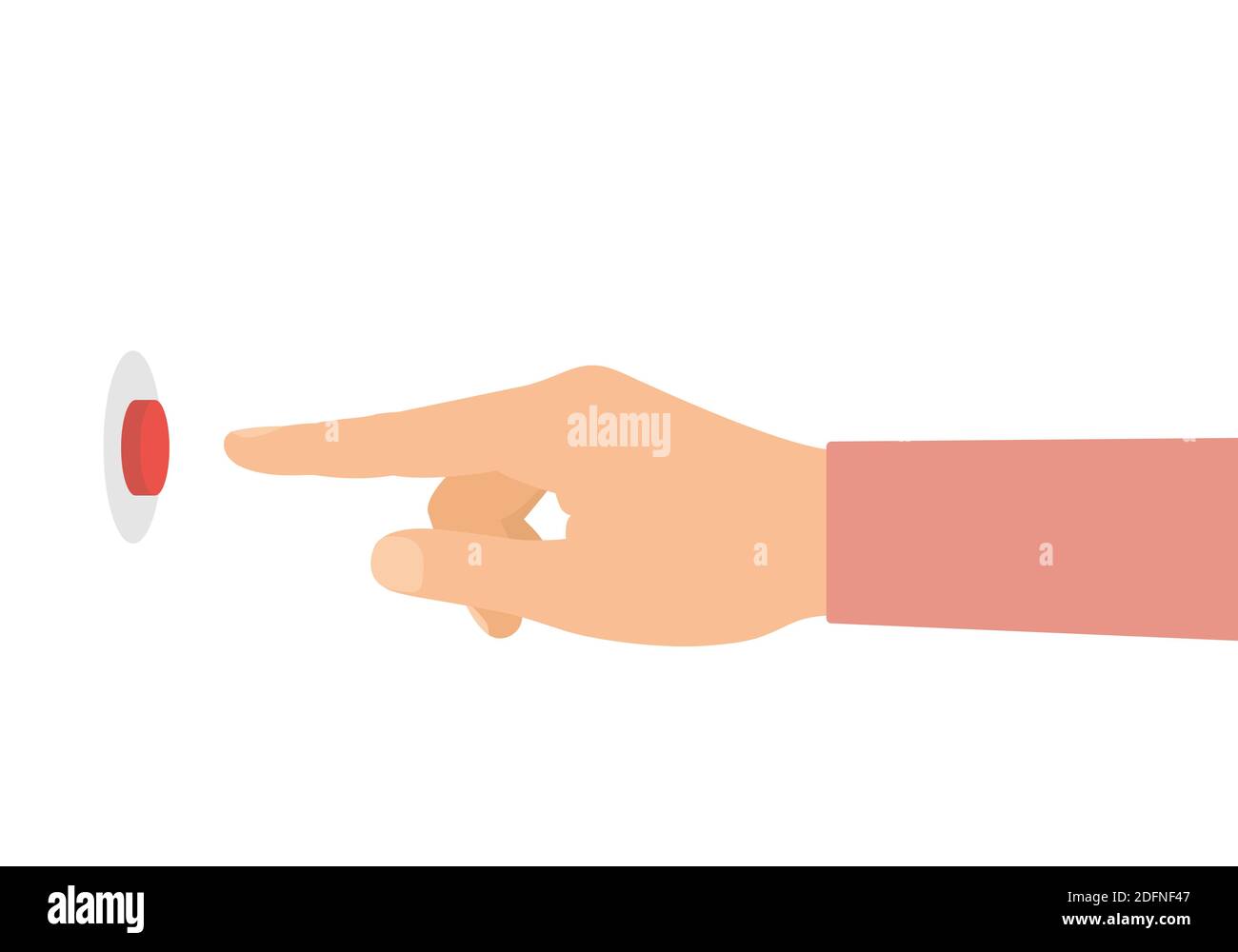 Disegno piatto della mano maschio o femmina. Il dito indice preme il pulsante rosso del campanello sulla parete. Isolato su sfondo bianco - vettore Illustrazione Vettoriale
