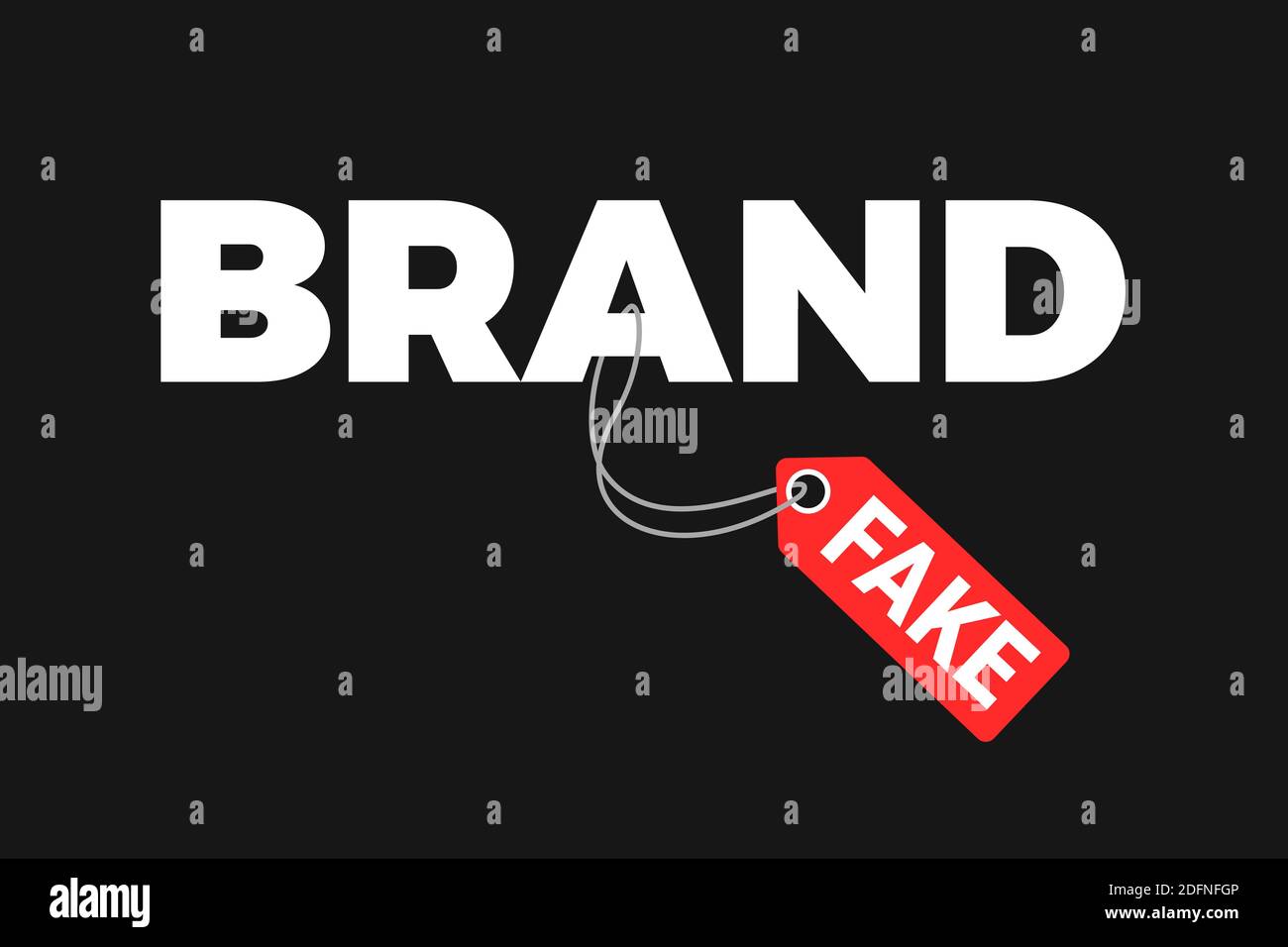 La copia contraffatta e contraffatta è etichettata come marca originale. Violazione e inganno del marchio. Pubblicità illegale e affari con imitazione, duplicata Foto Stock