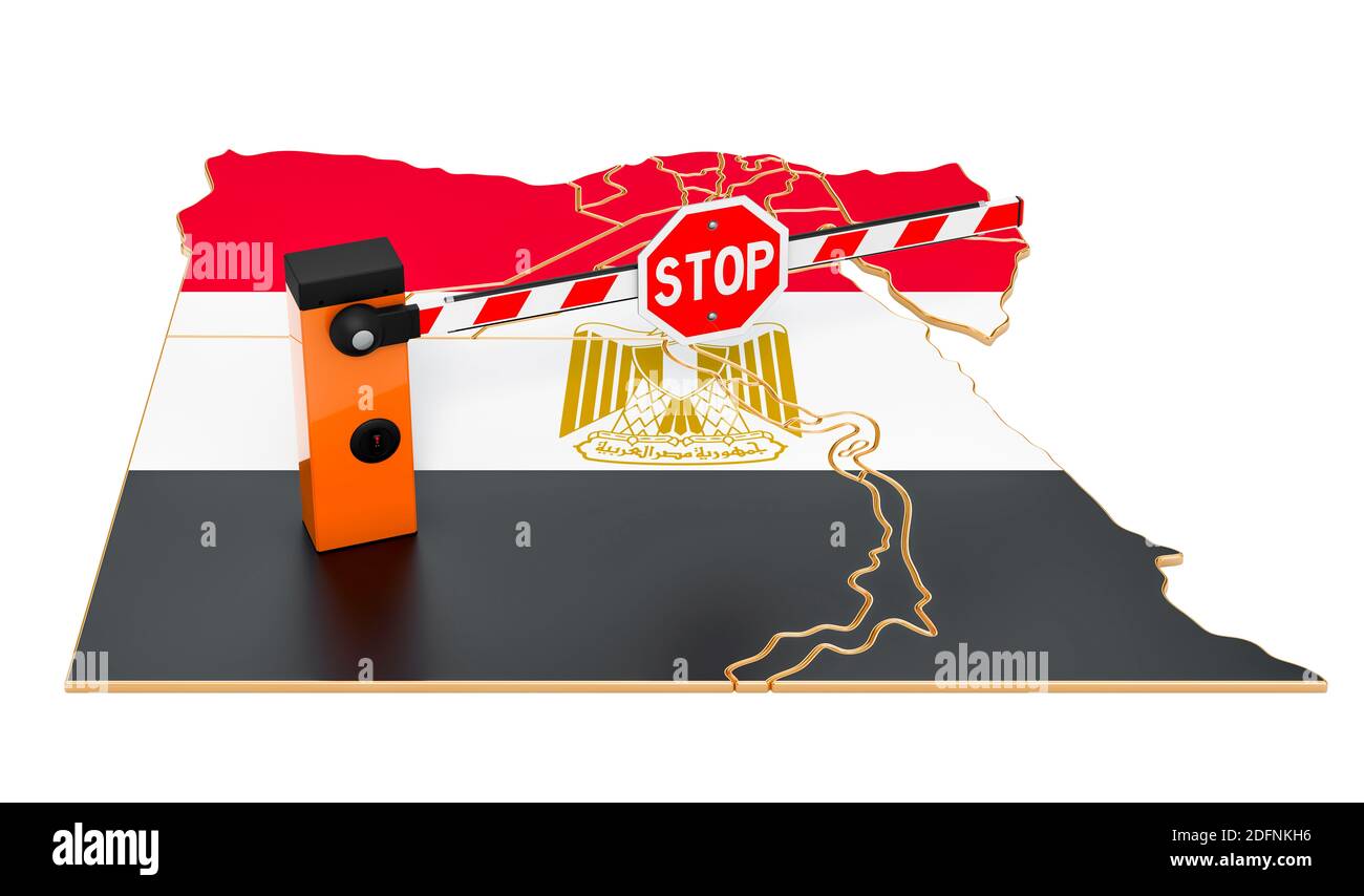 Confine vicino in Egitto. Concetto di protezione doganale e delle frontiere. Rendering 3D isolato su sfondo bianco Foto Stock