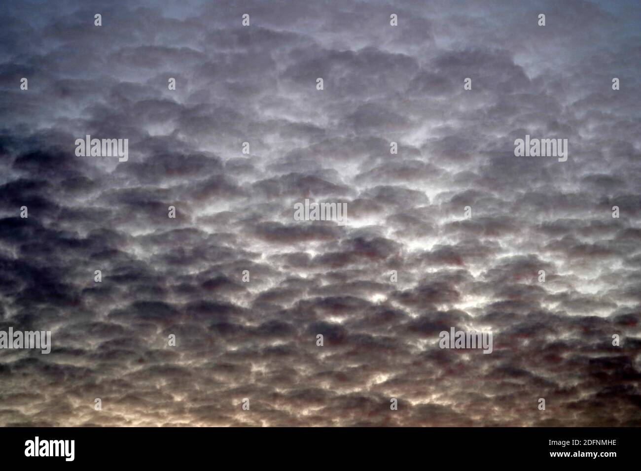Paesaggio del cielo del tramonto con piccole nuvole di circo in vari colori pastello. La foto può servire come sfondo o come astratto. Foto Stock