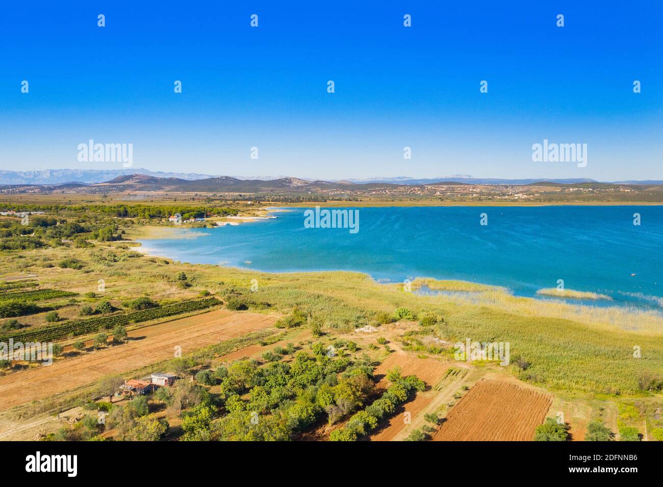 Parco naturale ornitologico, riva del lago di Vrana (Vransko jezero) in Dalmazia, Croazia, vista aerea drone Foto Stock