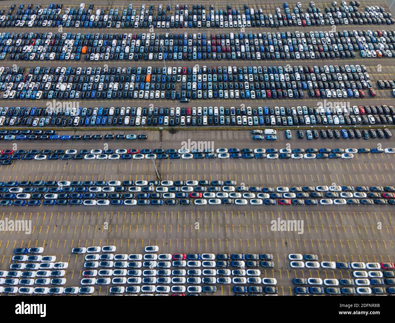 Vista dall'alto di molte auto parcheggiate in attesa di trasporto aereo vista drone allineata strutturata Foto Stock