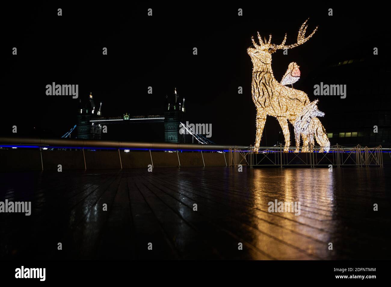 Londra, Regno Unito. - 6 Dic 2020: Una renna illuminata, un derubato e un cane da Husky fanno parte della mostra natalizia del 2020 a London Bridge City, un'area commerciale tra il London Bridge e il Tower Bridge. Foto Stock