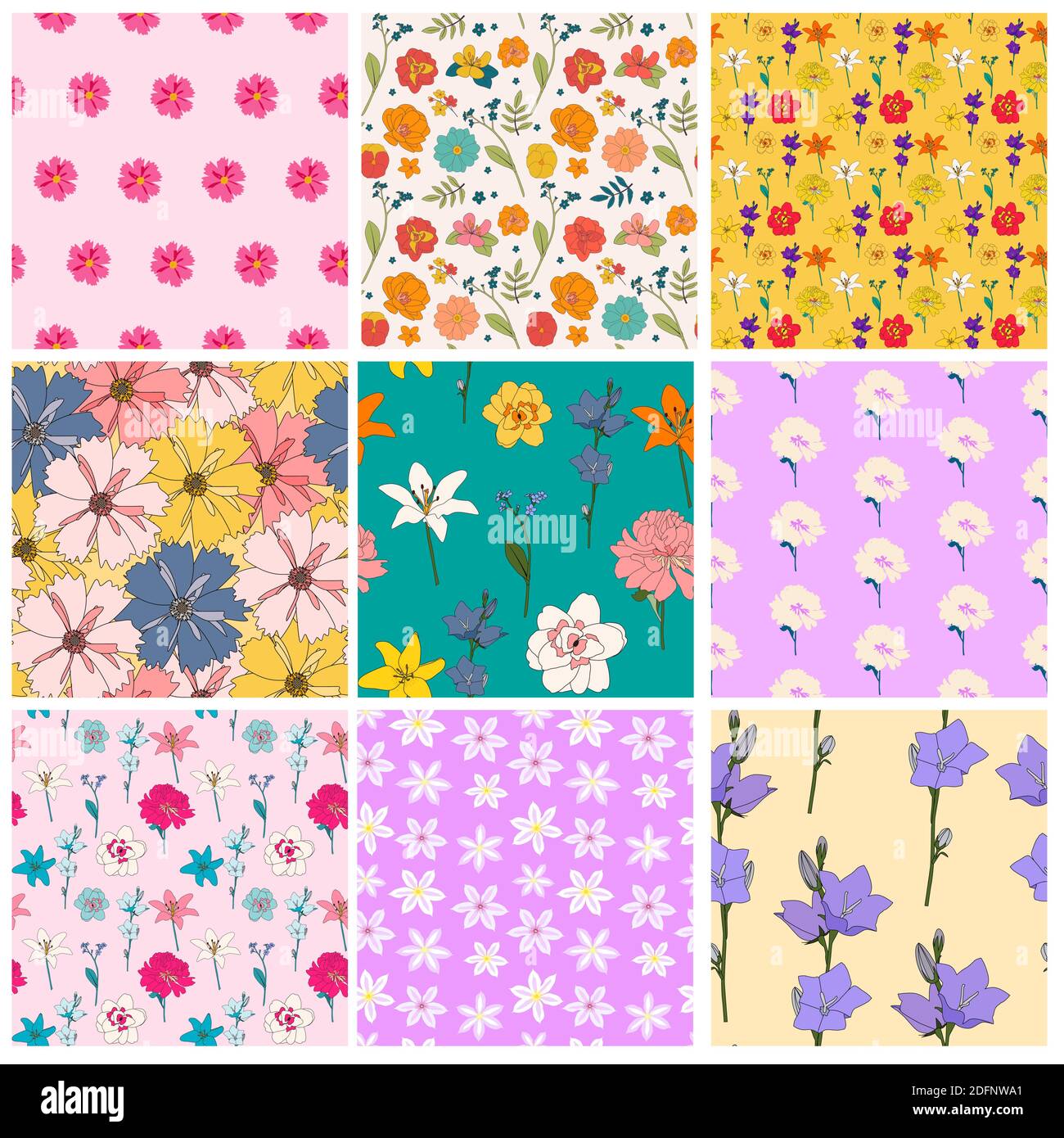 Set di raccolta di sfondo con motivo senza cuciture e fiori disegnati a mano. Illustrazione vettoriale Illustrazione Vettoriale