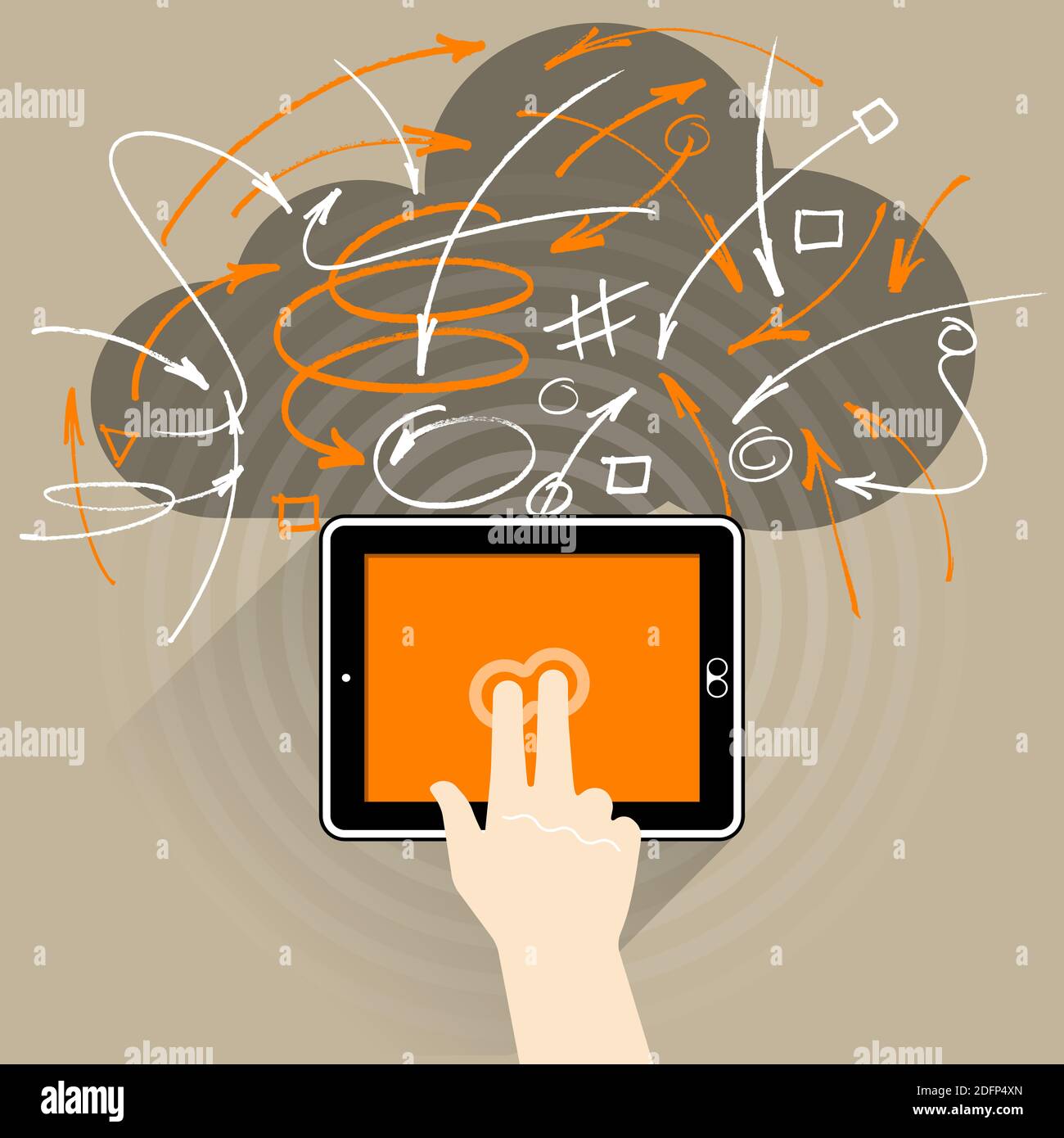 Un Tablet PC connesso a Internet, 2 dita della mano destra toccano lo schermo interattivo del tablet. Le frecce e il cloud tutta la rete l'una all'altra. Foto Stock