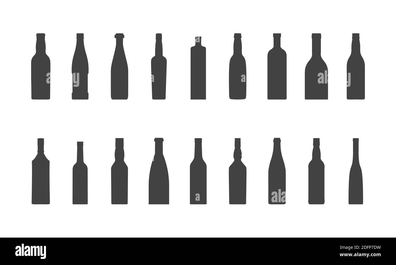 Silhouette nera di bottiglie di birra di diverse forme. Bottiglie di vetro per l'illustrazione di alcool vettore concetto Illustrazione Vettoriale