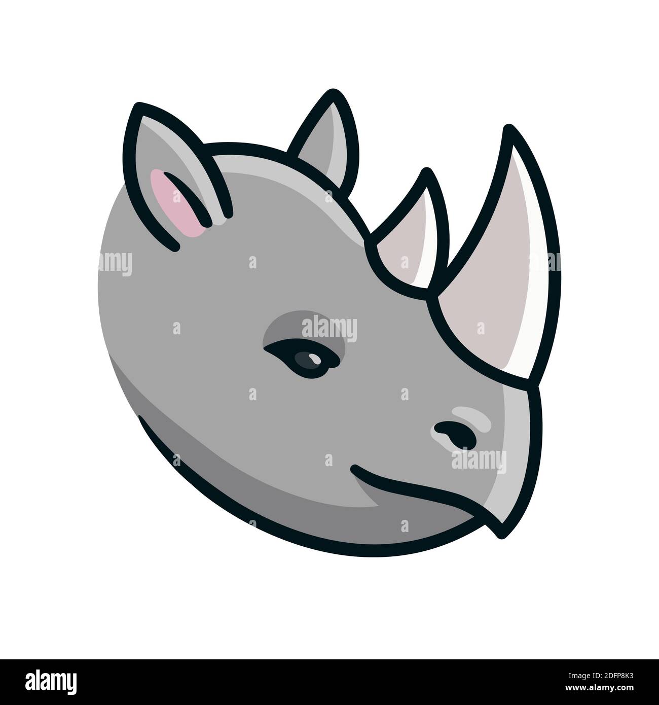 Testa rinoceronte cartoon. Faccia di rinoceronte disegnata a mano, illustrazione della clip art vettoriale. Illustrazione Vettoriale