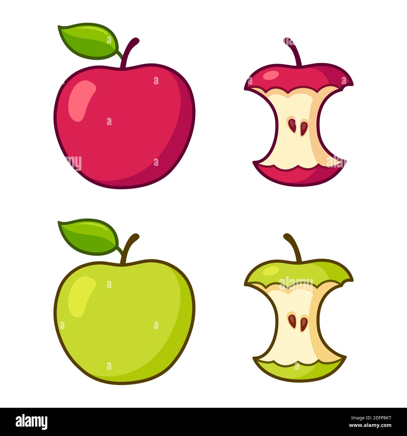 Set di disegno di mela cartoni animati. Mela rossa e verde, intera e mangiata al cuore. Illustrazione della clip art vettoriale isolata. Illustrazione Vettoriale