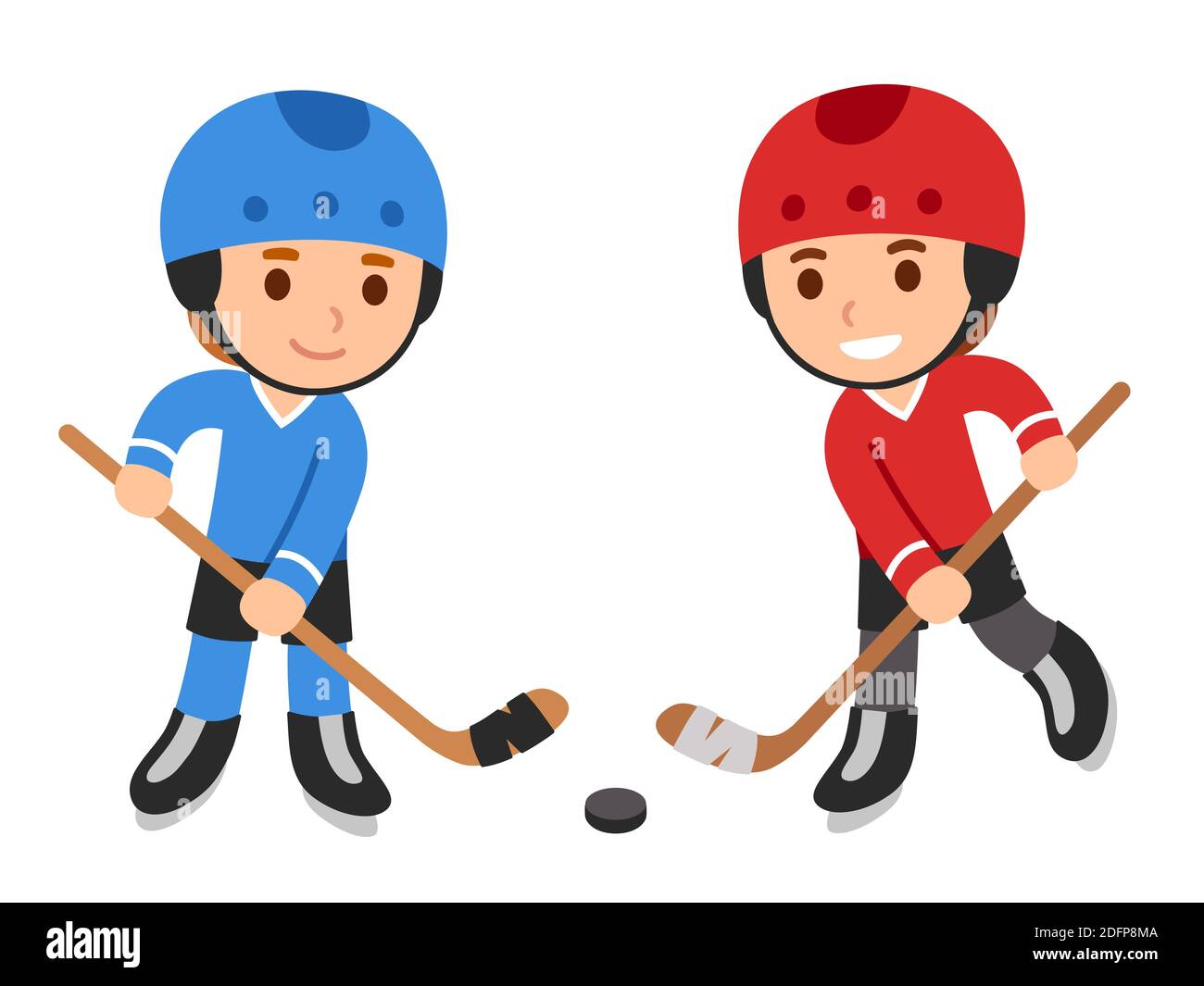 Carino cartoon bambini che giocano a hockey, ragazzi in divisa blu e rossa squadra. Illustrazione della clip art vettoriale isolata. Illustrazione Vettoriale