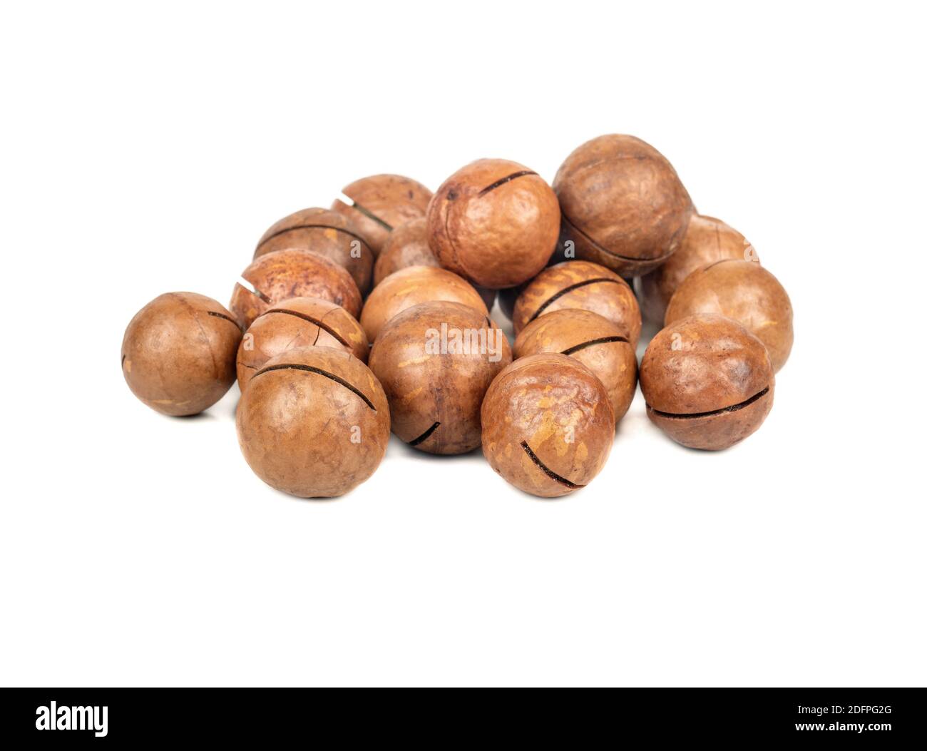 Pila di noci di macadamia in un guscio su un bianco sfondo Foto Stock