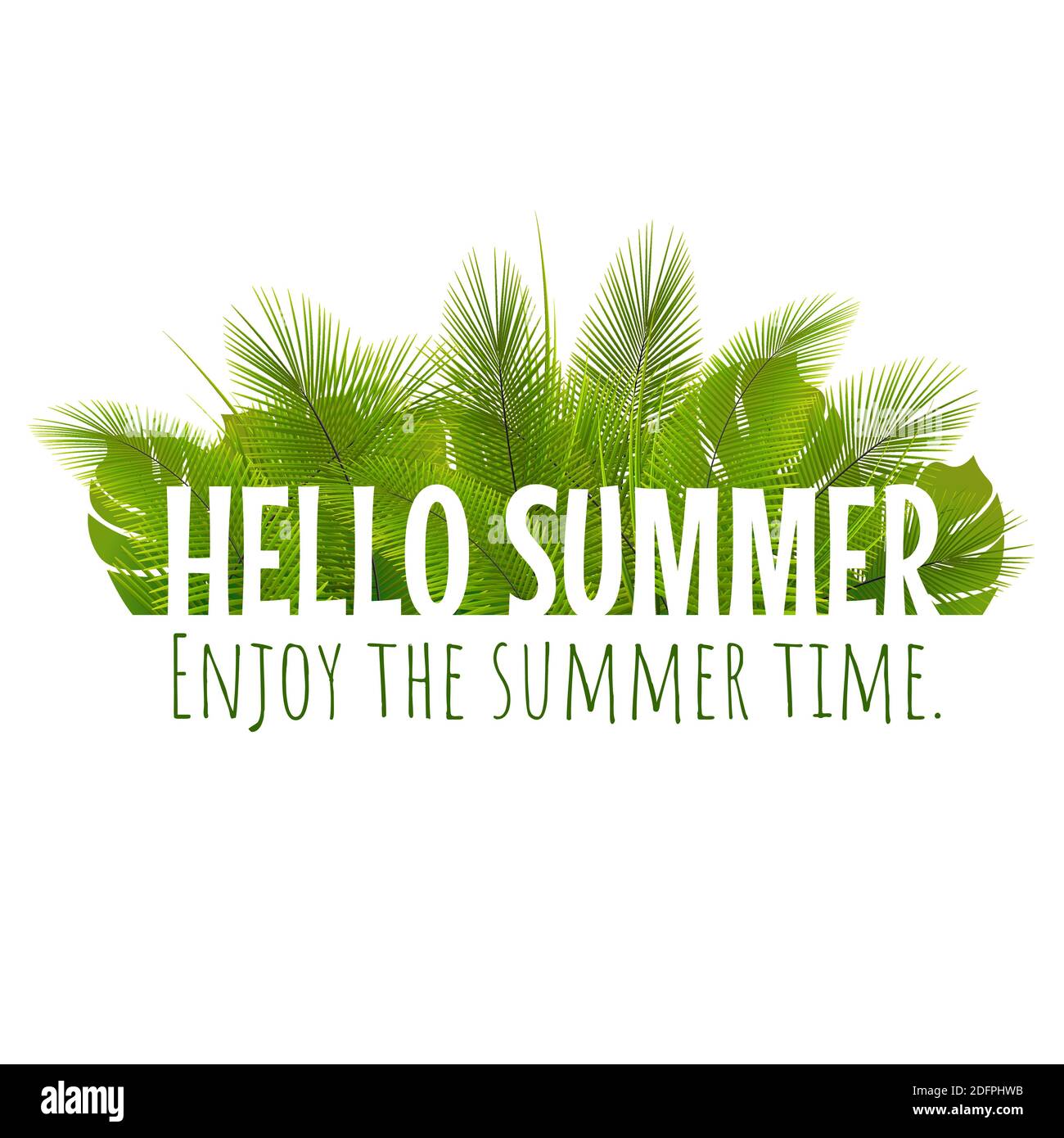 Ciao estate cespugli tropicali decorativi. Pianta esotica, elemento di disegno foglie di palma. Piante tropicali vettoriali isolate su bianco. Illustrazione Vettoriale