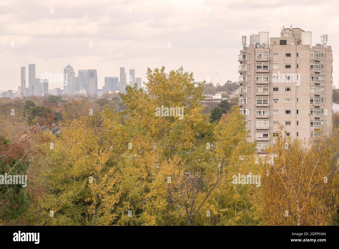 Vista della città di Londra da Norwood Park il 12 novembre 2020 a West Norwood a Londra nel Regno Unito. Foto di Sam Mellish Foto Stock