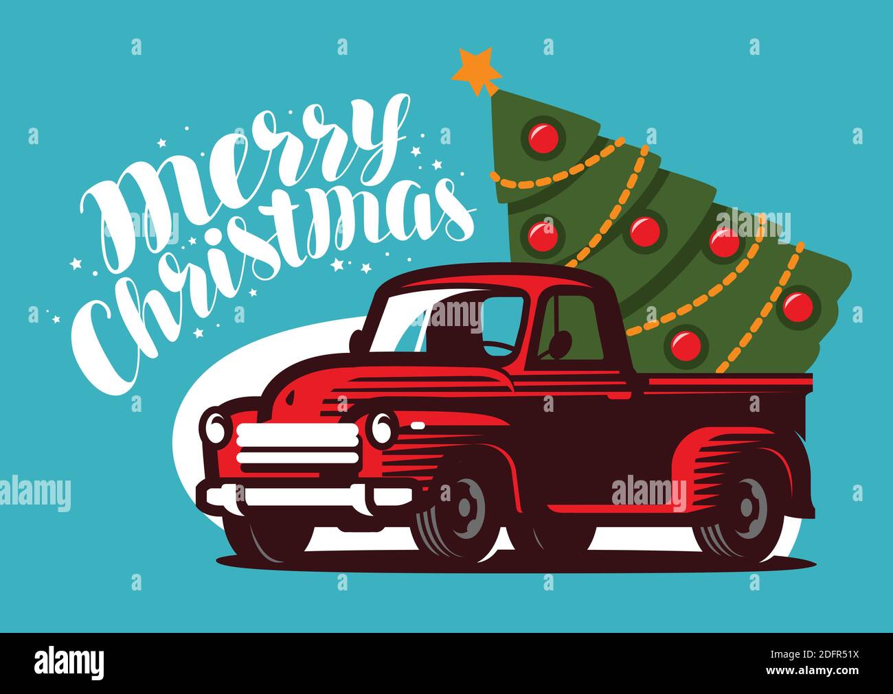 Camion di Natale con l'albero dell'abete. Illustrazione vettoriale del biglietto di auguri per le festività Illustrazione Vettoriale