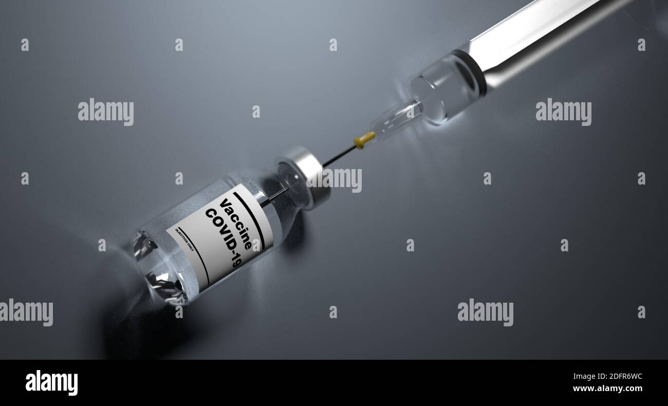 COVID-19, Coronavirus, vaccino, vaccinazione. Siringa e flacone. Foto Stock