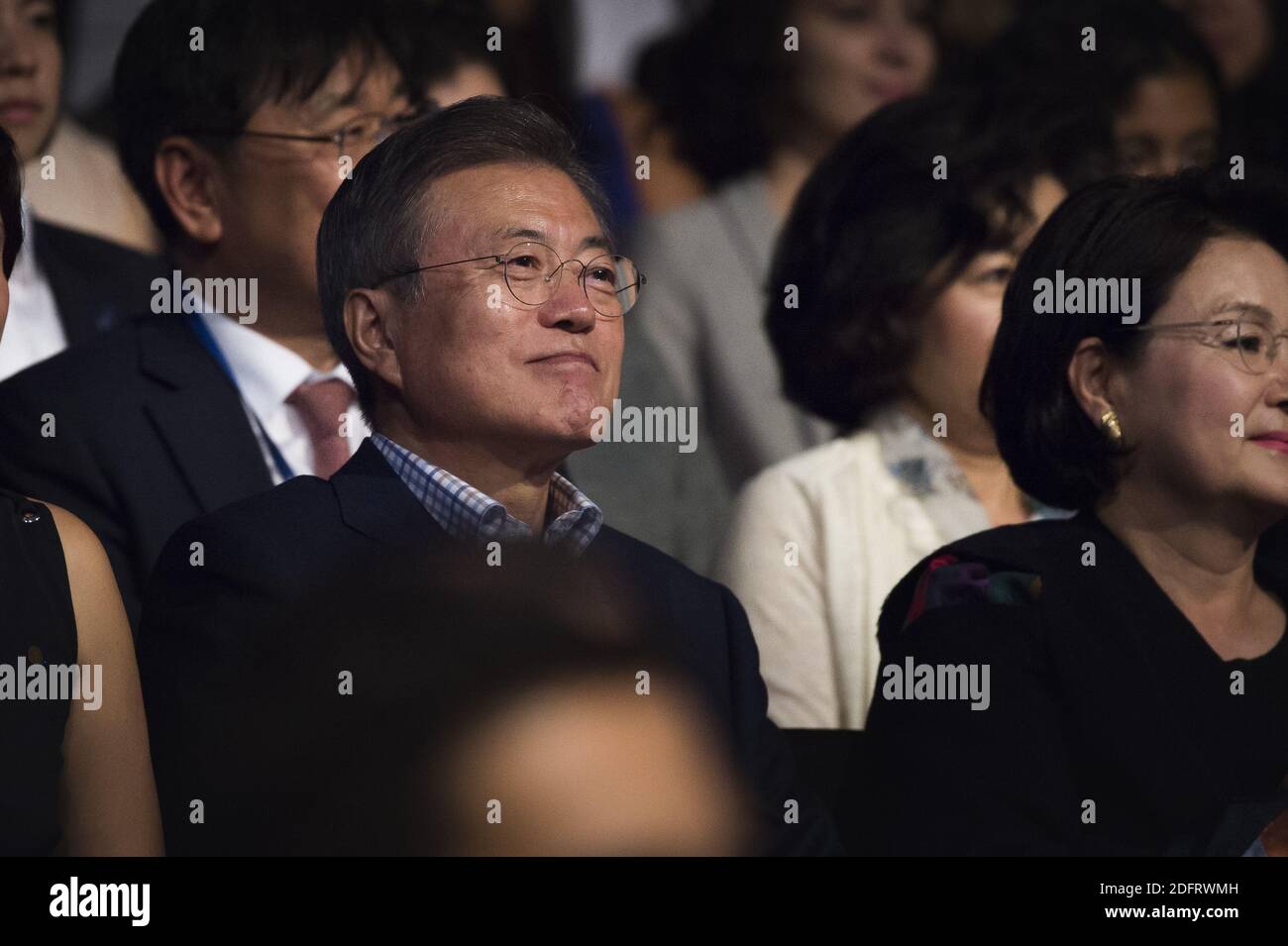 Il presidente sudcoreano Moon Jae-in e sua moglie Kim Jung-sook partecipano a un evento culturale coreano a Parigi il 14 ottobre 2018 durante la visita di Stato di Moon Jae-in 3 giorni in Francia. Foto di Eliot Blondt/ABACAPRESS.COM Foto Stock