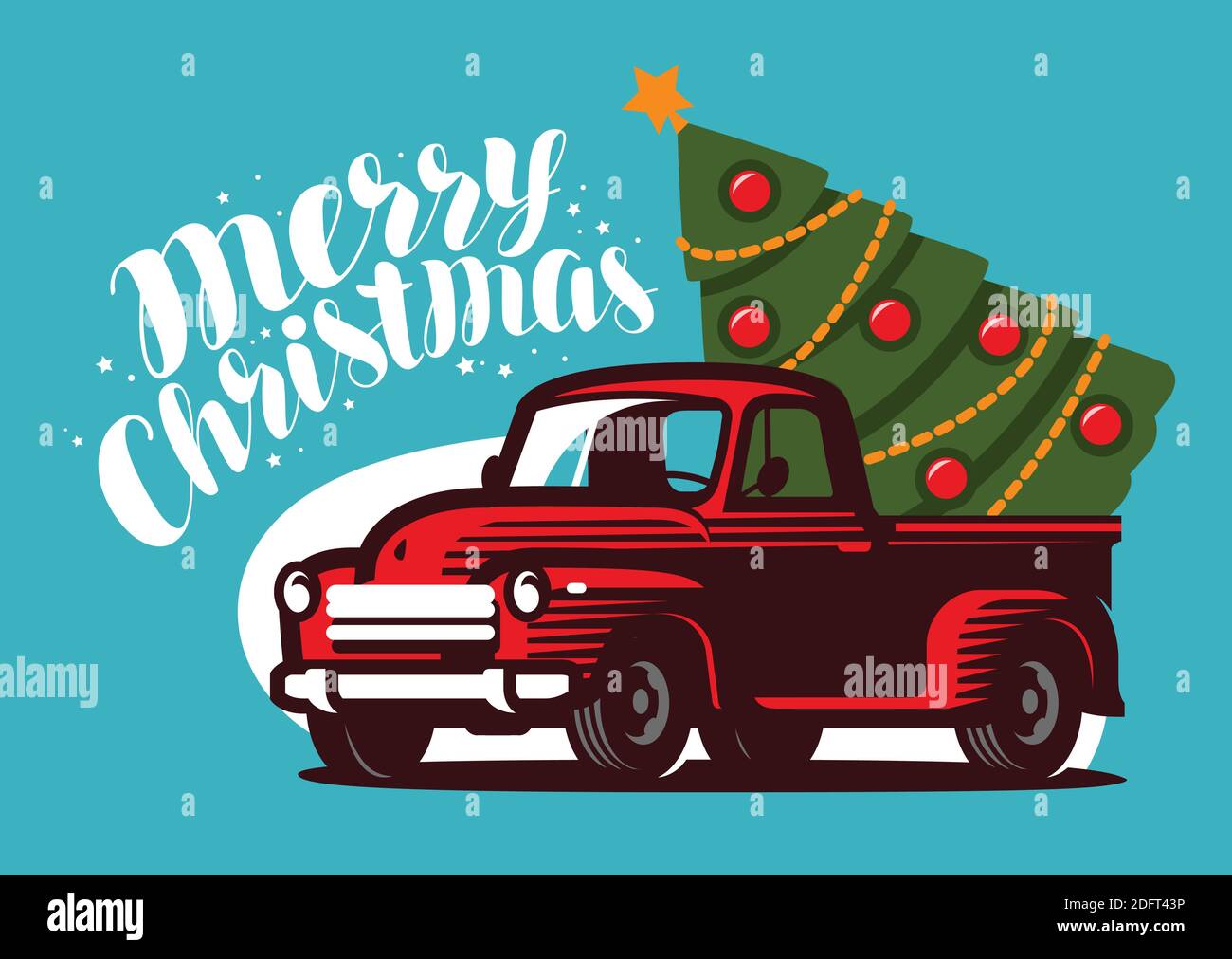 Camion di Natale con l'albero dell'abete. Illustrazione vettoriale del biglietto di auguri per le festività Illustrazione Vettoriale