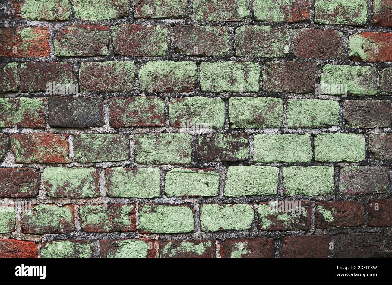 vintage cracked muro di mattoni sporchi con lichene verde e muschio, texture, sfondo Foto Stock