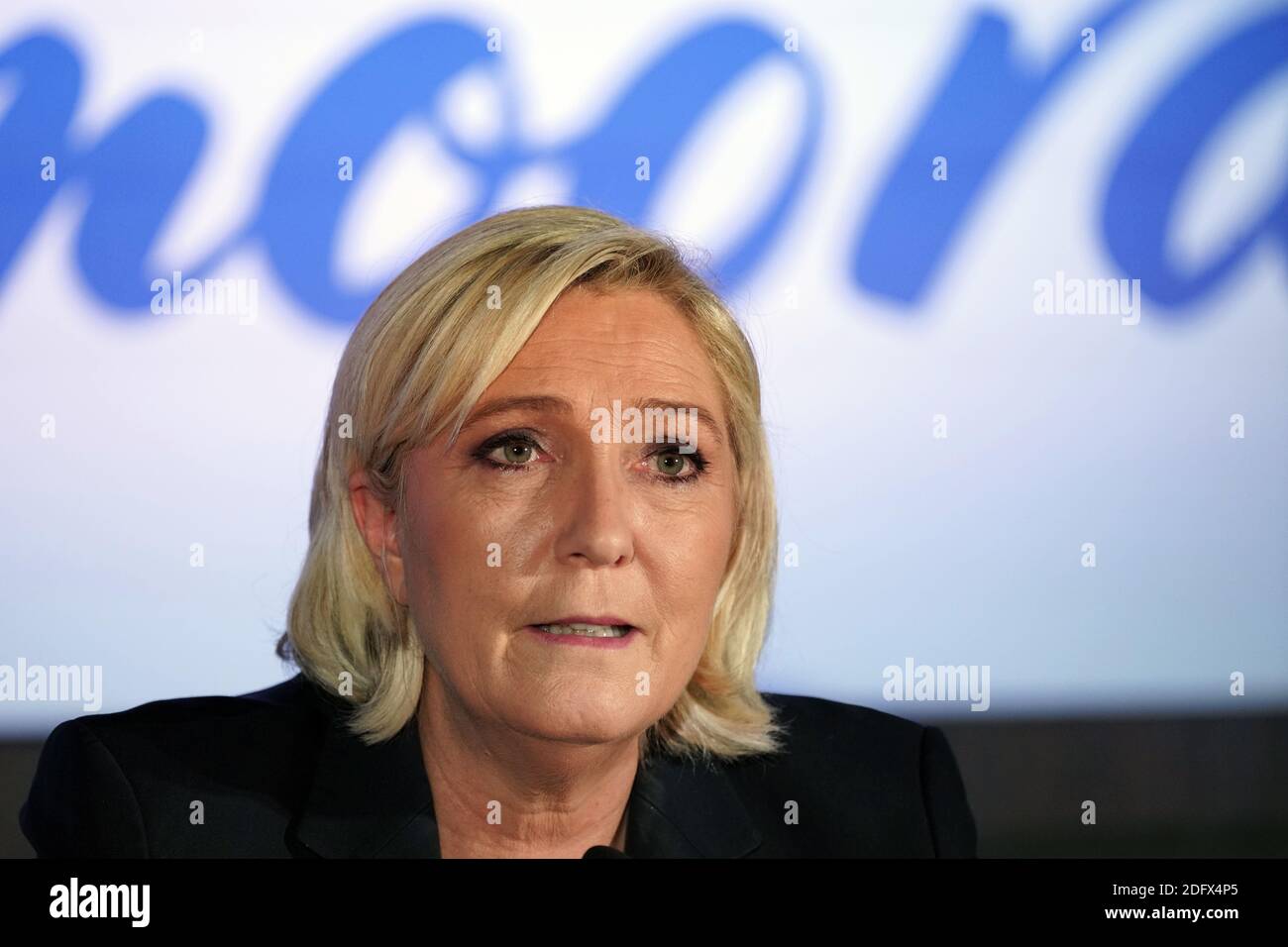 Il presidente della Rassemblement National Marine le Pen partecipa a una conferenza contro il patto di Marrakech organizzata dal partito fiammingo di estrema destra Vlaams Belang al Parlamento fiammingo il 08 dicembre 2018 a Brussel, Belgio. Foto di Sylvain Lefevre/ABACAPRESS.COM Foto Stock