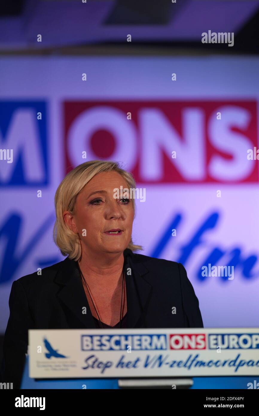 Il presidente della Rassemblement National Marine le Pen partecipa a una conferenza contro il patto di Marrakech organizzata dal partito fiammingo di estrema destra Vlaams Belang al Parlamento fiammingo il 08 dicembre 2018 a Brussel, Belgio. Foto di Sylvain Lefevre/ABACAPRESS.COM Foto Stock