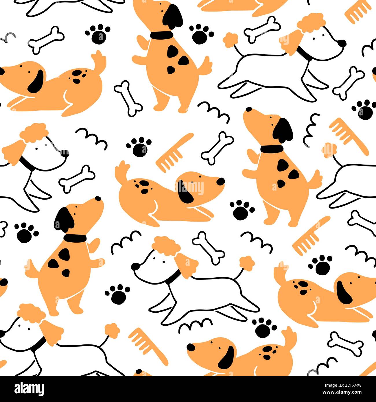 Modello senza cuciture di cute cucciolo di cane. Cartone animato divertente e felice personaggio cane con stile semplice forma. Illustrazione per sfondo, carta da parati, tessuto, tessuto. Illustrazione Vettoriale