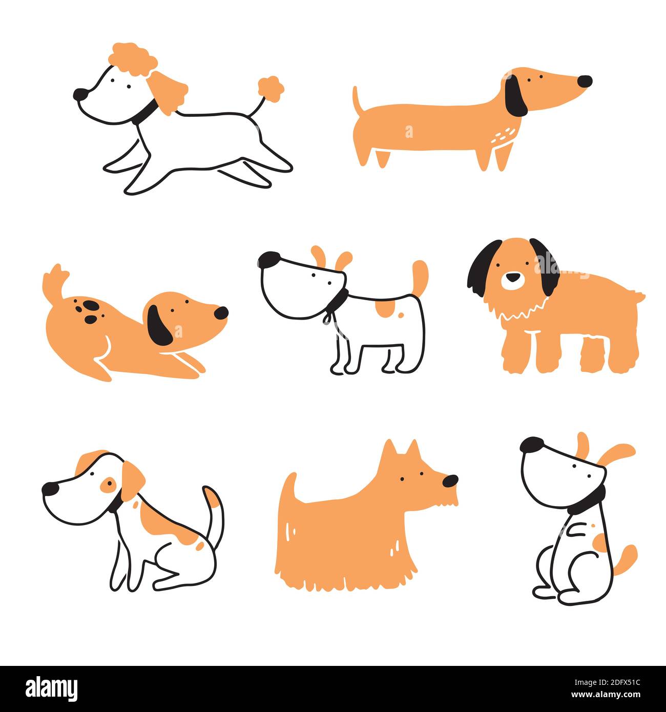 Set di carino cucciolo cane. Raccolta di cani felici e divertenti. Illustrazione del personaggio di un animale di cartone animato. Illustrazione Vettoriale
