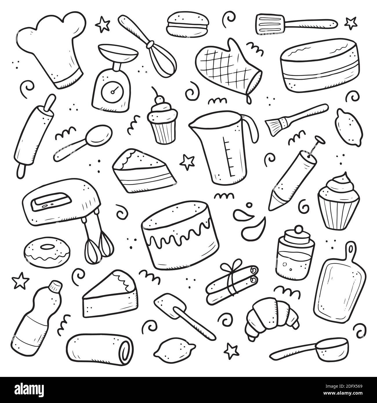 Set di elementi da forno e cottura, mixer, torta, cucchiaio, cupcake, bilancia. Stile di schizzo Doodle. Elemento da forno disegnato da pennarello digitale. Illustrazione dell'icona, del menu, della ricetta. Illustrazione Vettoriale