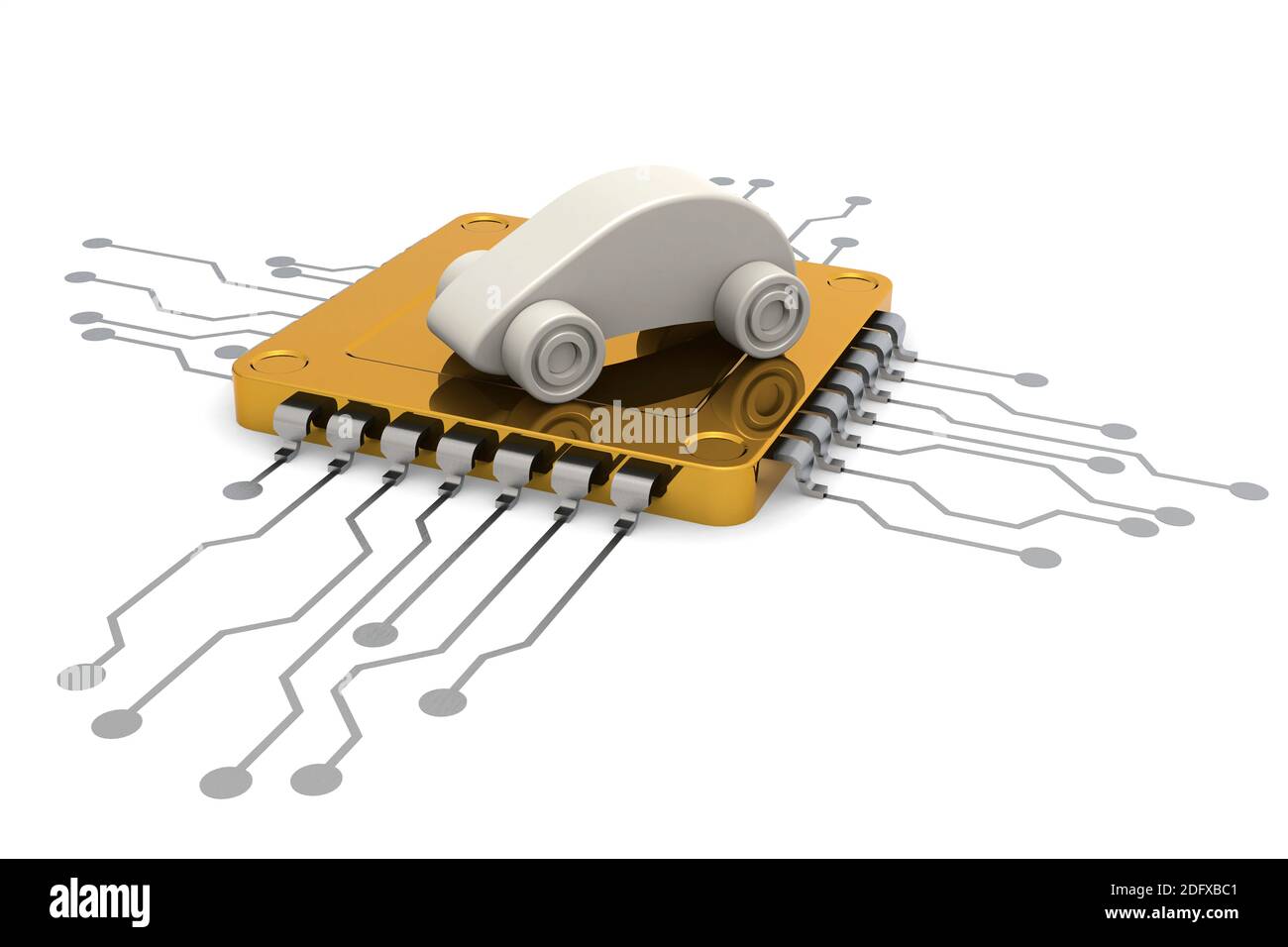 Chip per computer e modello di auto, rendering 3d Foto Stock