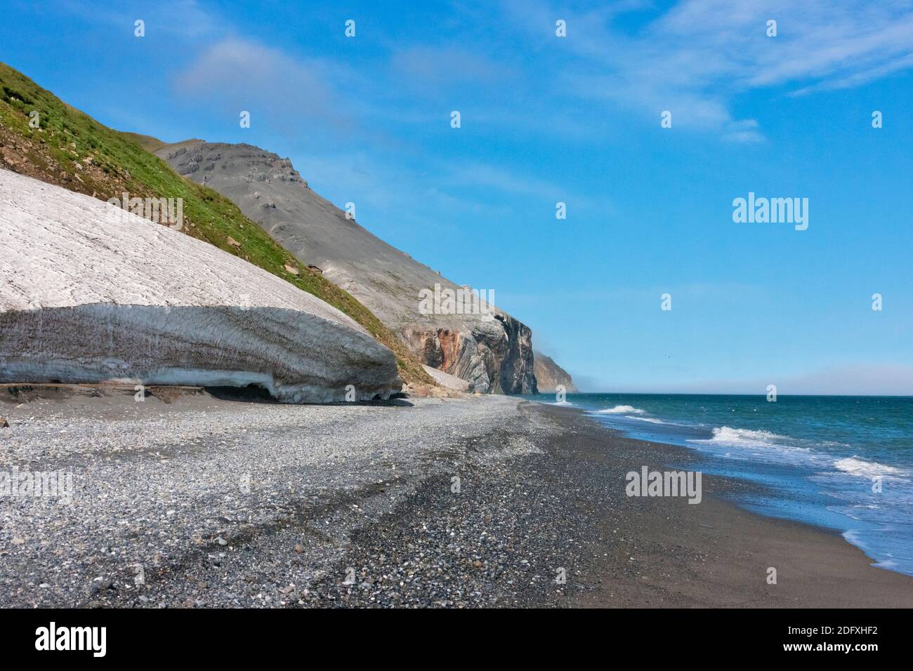Spiaggia, Capo Dezhnev, l'angolo più orientale di Eurasia, Russia Estremo Oriente Foto Stock
