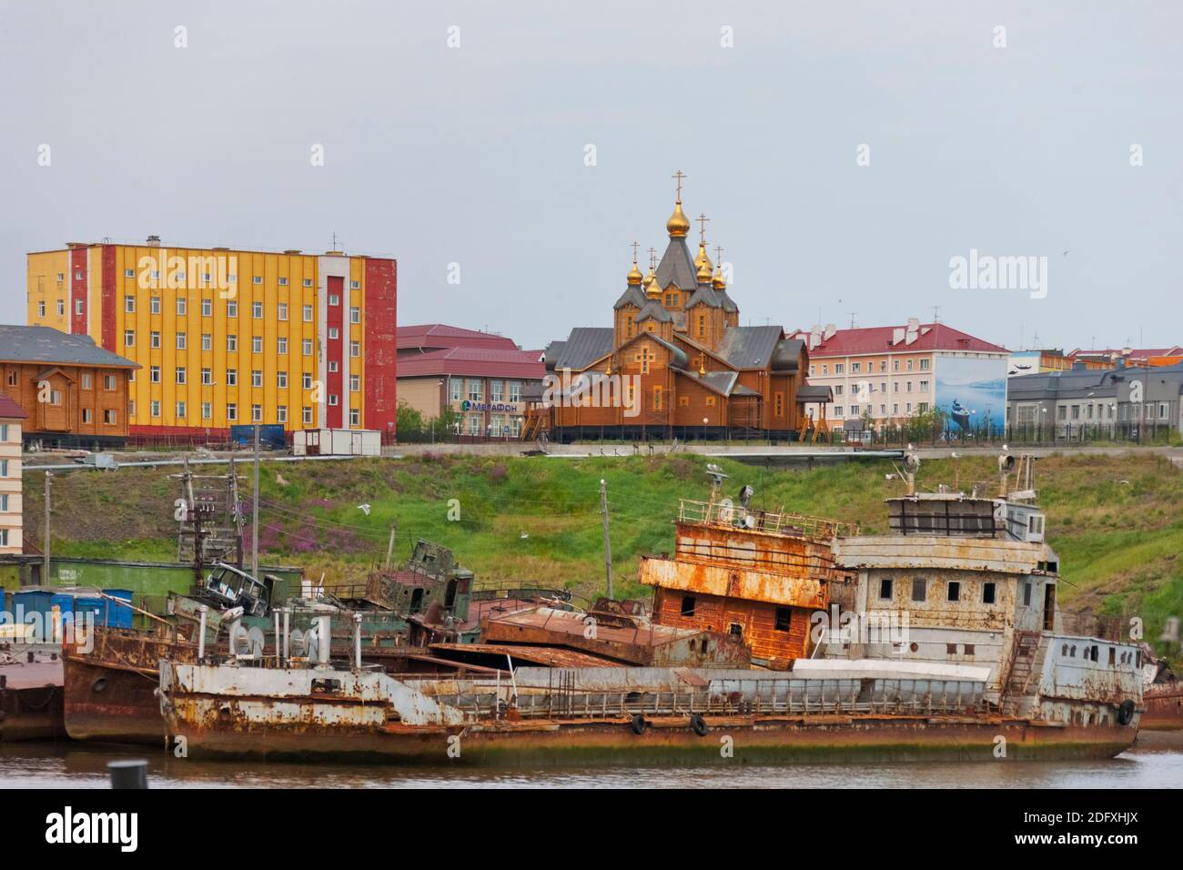 Paesaggio di Anadyr dal porto, Russia Estremo Oriente Foto Stock