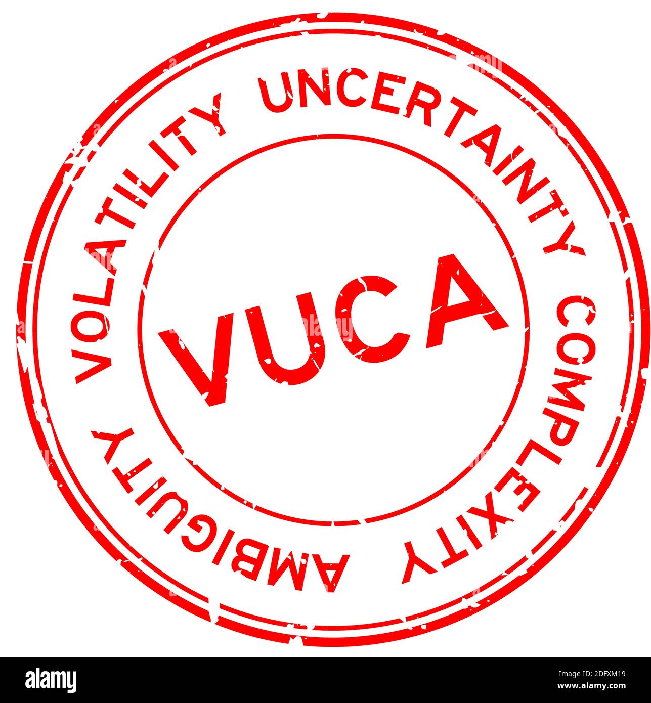 Grunge rosso VUCA (abbreviazione di volatilità, incertezza, complessità e ambiguità) parola rotondo gomma sigillo timbro su sfondo bianco Illustrazione Vettoriale