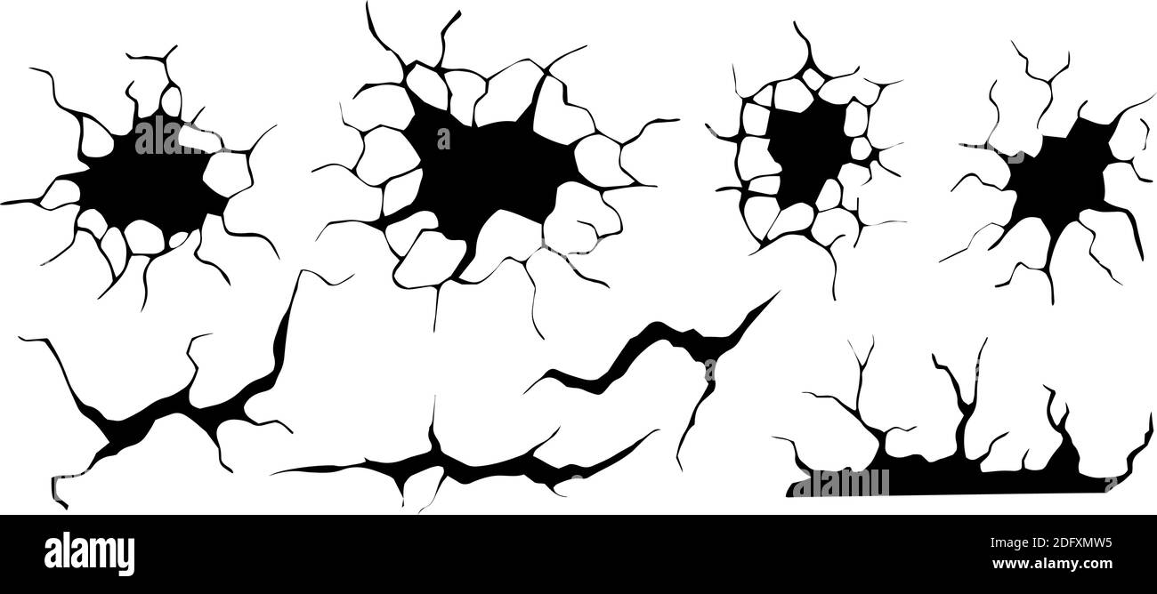 Crepe di terra impostate. Sisma e crepe di terra, effetto di buco, craquelure e tessuto di parete danneggiato. Illustrazioni vettoriali terremoto, crash, distruzione Illustrazione Vettoriale