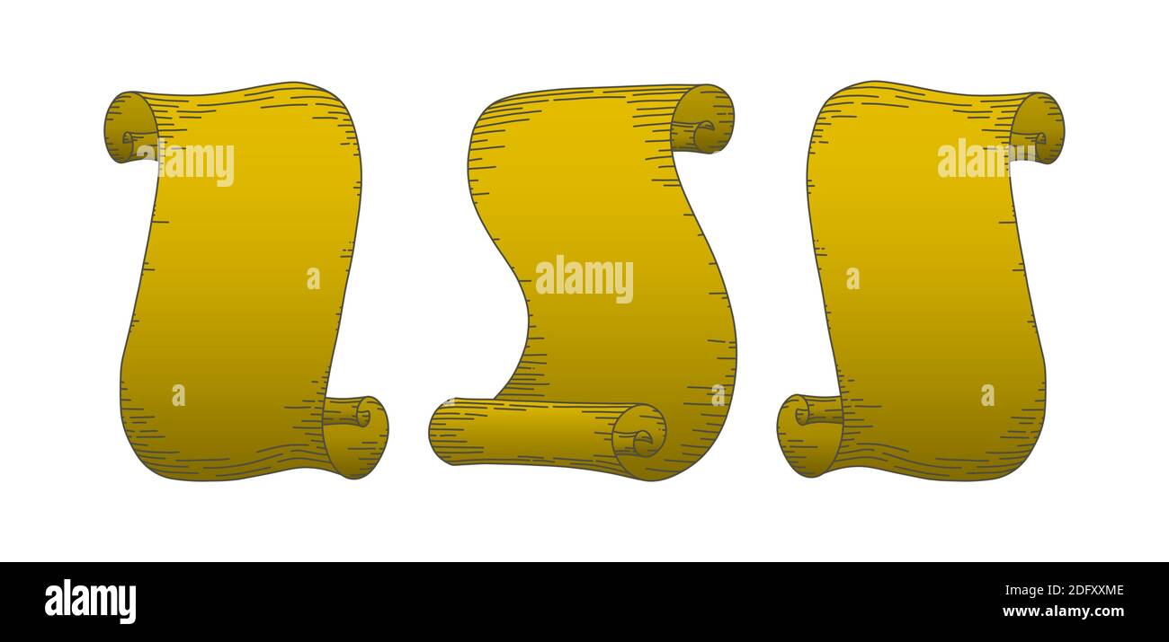 Pergamena scorre. Set di frammenti di carta isolati su sfondo bianco. Illustrazione vettoriale in stile doodle Illustrazione Vettoriale