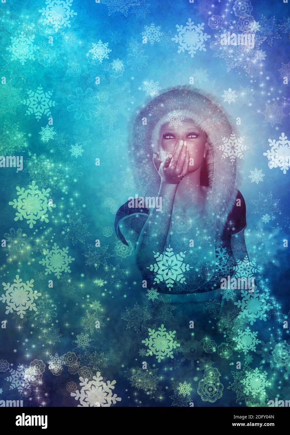 Fantasy 3d reso ritratto ragazza inverno su sfondo morbido con fiocchi di neve, illustrazione digitale. Foto Stock