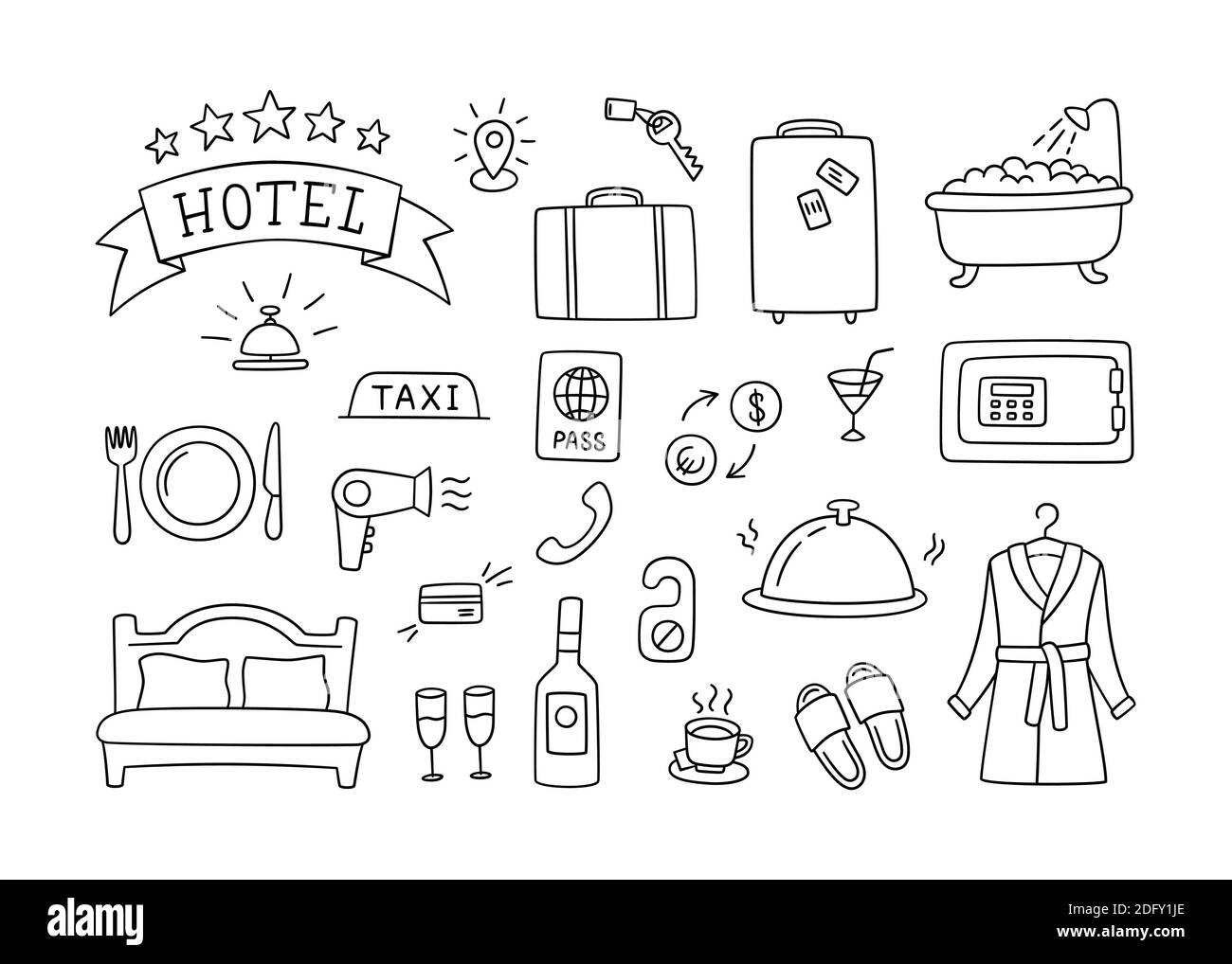 L'hotel serve oggetti disegnati a mano. Illustrazione vettoriale Illustrazione Vettoriale