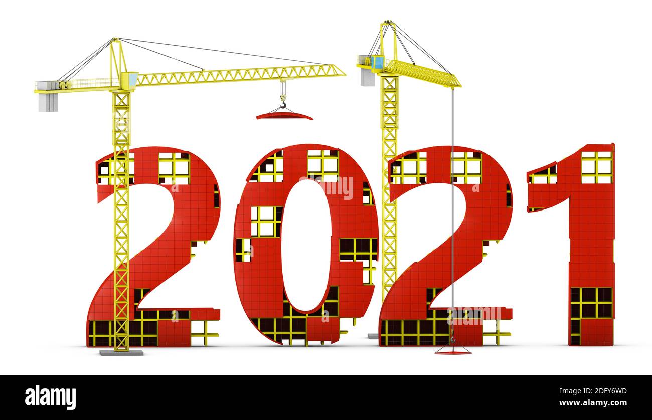 Due gru a torre che costruiscono una cifra volumetrica di 2021. rendering 3d. Foto Stock