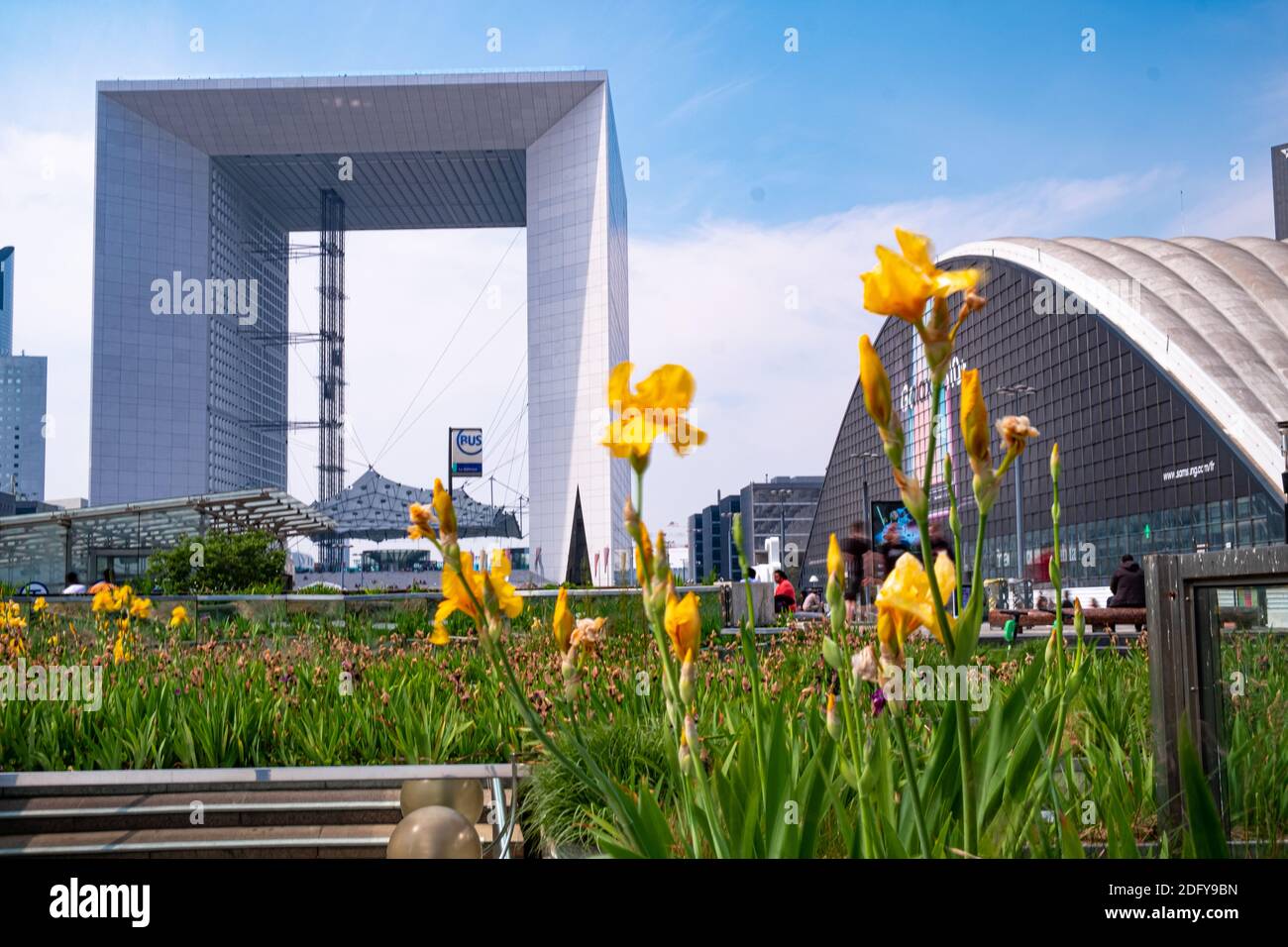 Fiori di fronte alla drammatica architettura moderna di la Defense a Parigi Foto Stock