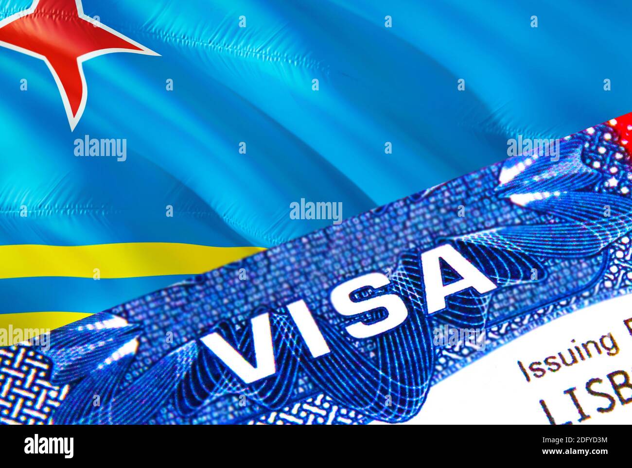 Visto Aruba timbro in passaporto con testo VISA. Passaporto viaggio  all'estero concetto. Concetto di viaggio ad Aruba: Messa a fuoco selettiva,  rendering 3D. Immigrazione An Foto stock - Alamy