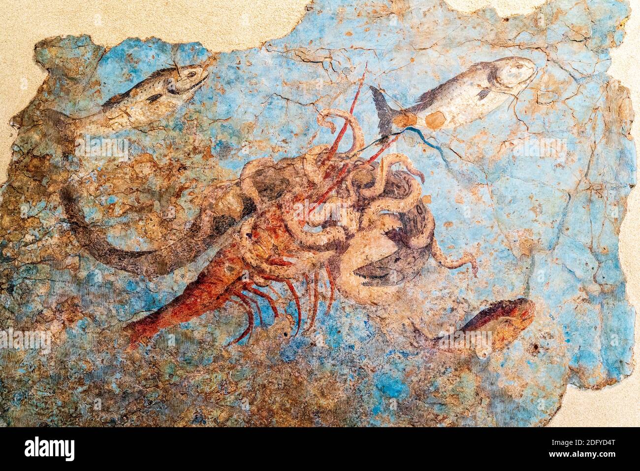 affresco del ii secolo che mostra la vita marina. Un polpo combatte un'anguilla e un'aragosta mentre i pesci nuotano oltre. Esposto a Palazzo massimo, Museo Nazionale Romano. Foto Stock