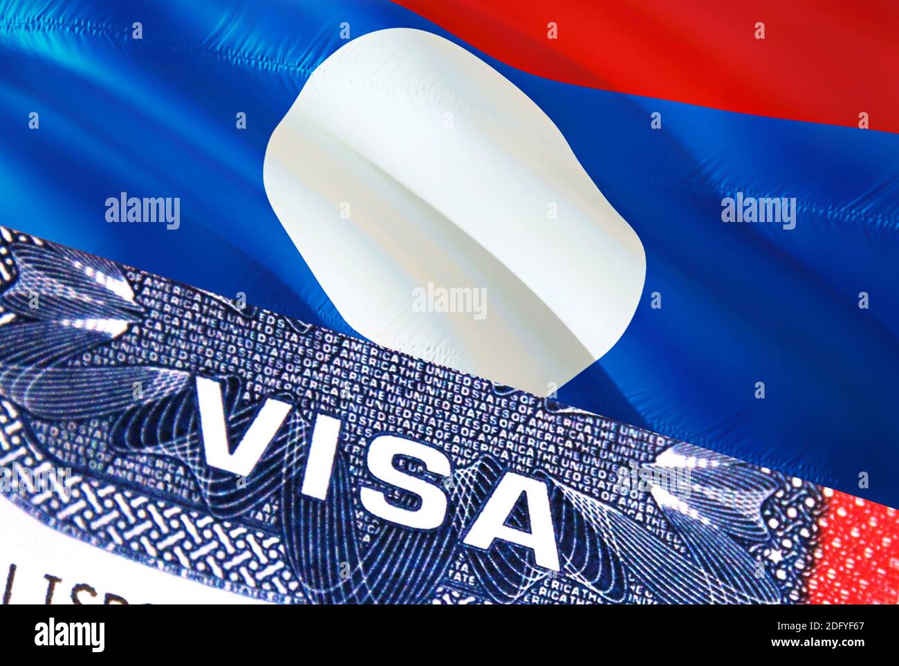Documento VISA per il Laos, con la bandiera del Laos in background. Bandiera del Laos con testo di primo piano VISTO sugli Stati Uniti visto timbro in passaporto, 3D rendering.visto passaporto timbro tra Foto Stock