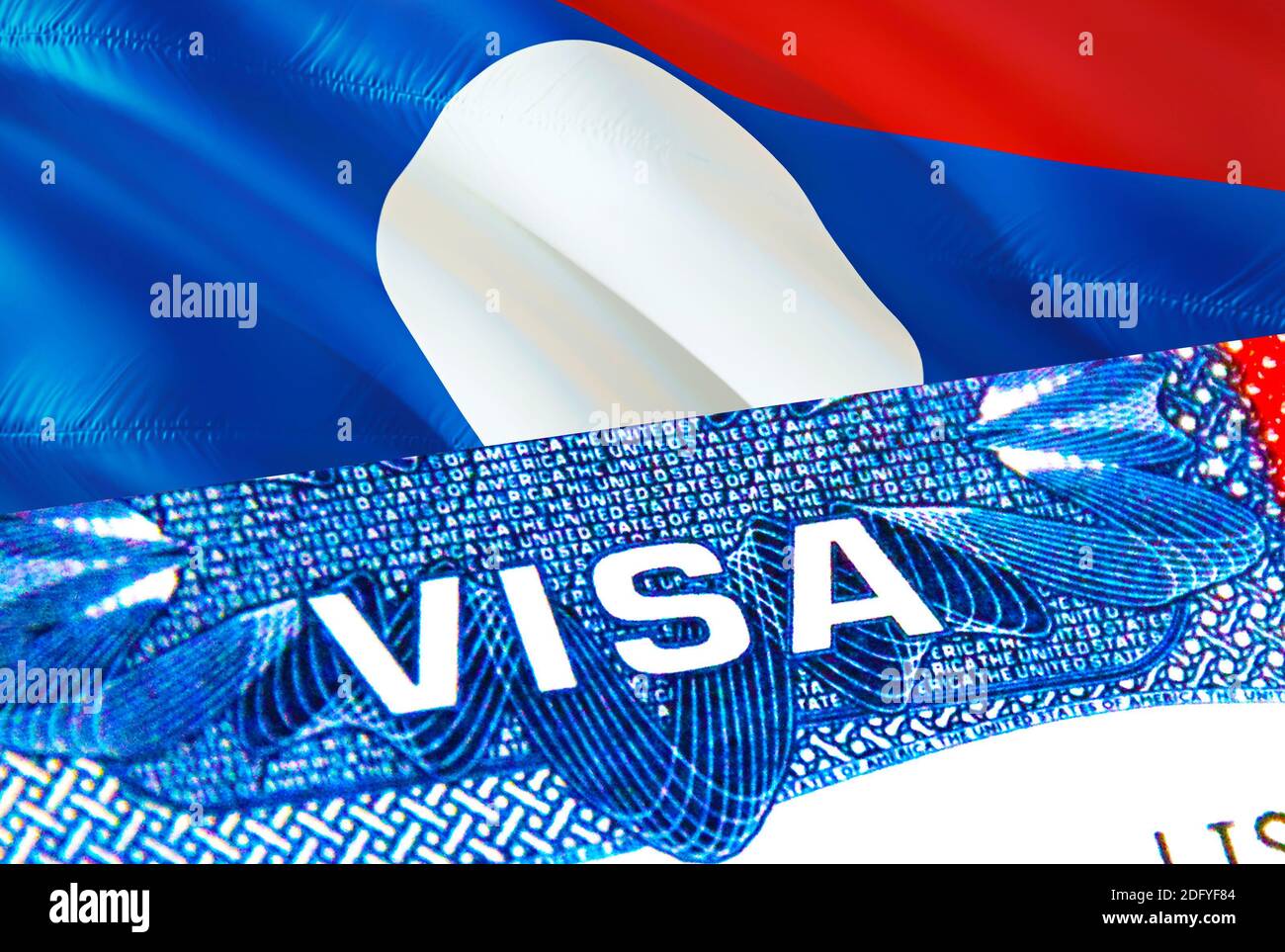 Laos Visa. Viaggio in Laos focalizzato su Word VISA, rendering 3D. Laos Immigrate concetto con visto in passaporto. Ingresso turistico del Laos in passaporto. VISA U Foto Stock