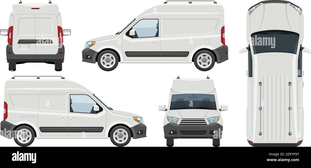 Modello vettoriale minivan bianco con colori semplici senza sfumature ed effetti. Vista laterale, anteriore, posteriore e superiore Illustrazione Vettoriale