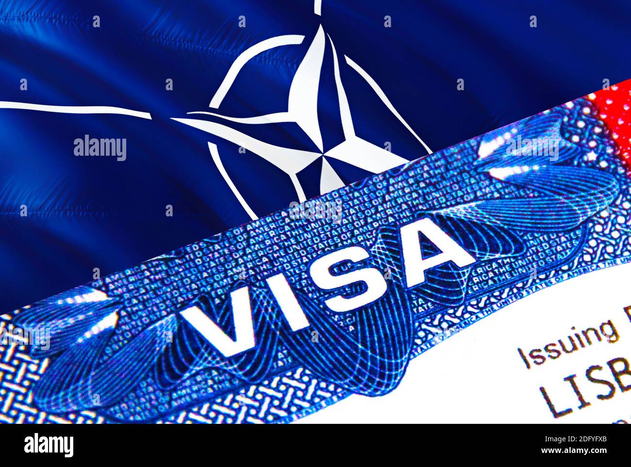 Visto NATO in passaporto. Visto immigrazione USA per i cittadini della NATO che si concentrano su WORD VISA. Visto NATO di viaggio in primo piano di identificazione nazionale, rendering 3D Foto Stock