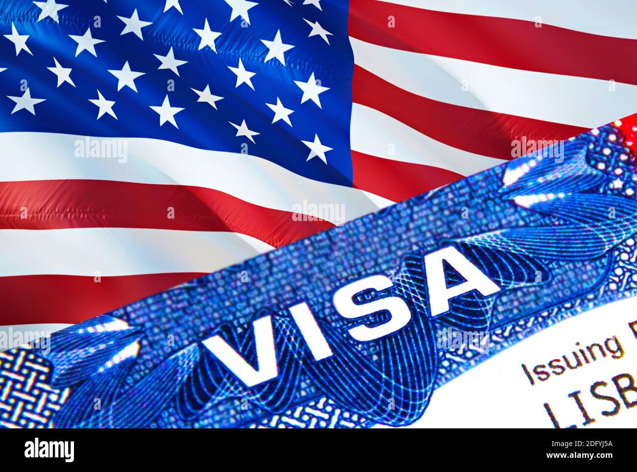 Timbro del visto USA in passaporto con testo DEL VISTO. Passaporto viaggio  all'estero concetto. Concetto di viaggio negli Stati Uniti: Messa a fuoco  selettiva, rendering 3D. Immigrazione ed em Foto stock -