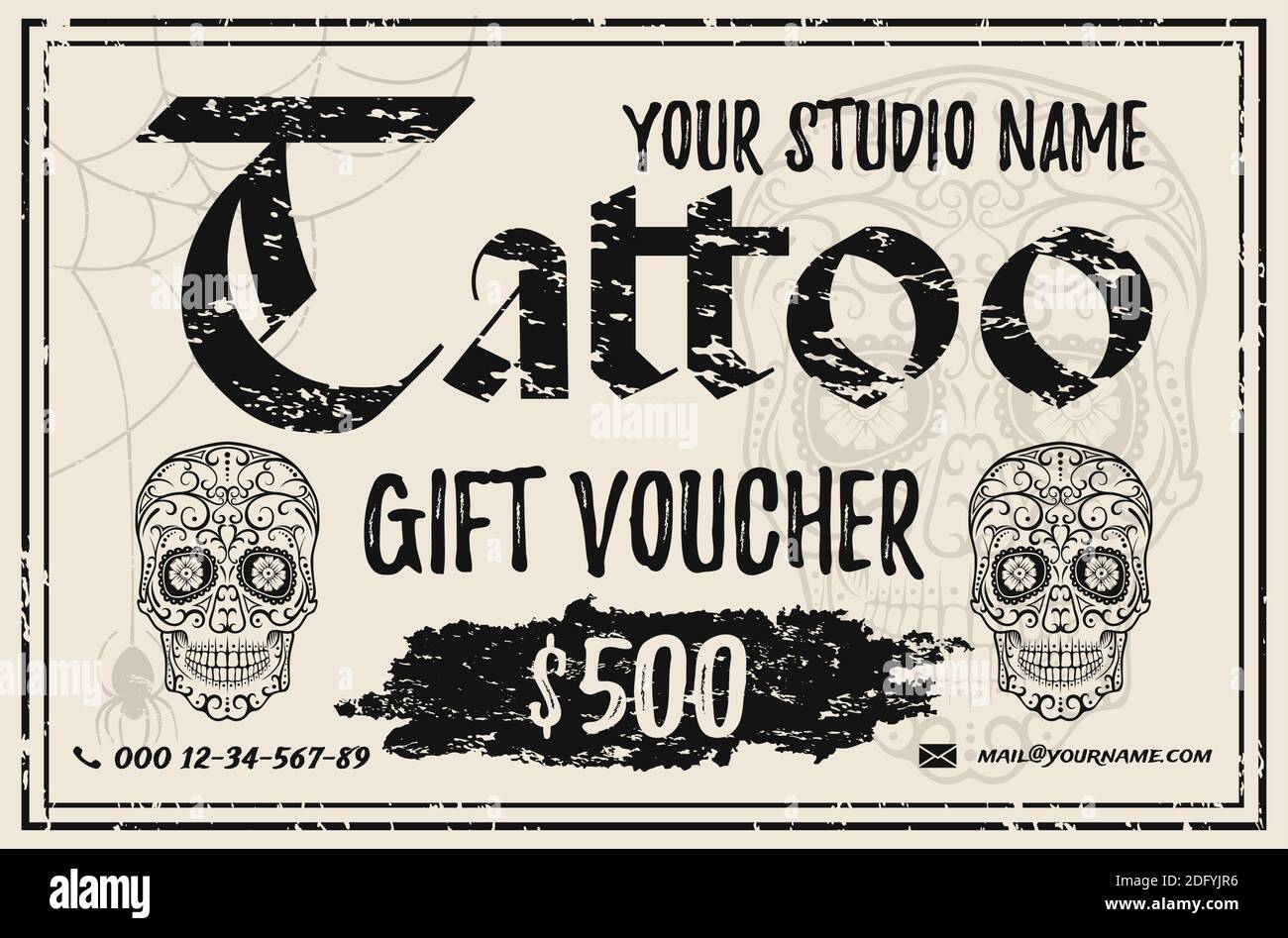 Modello del buono regalo per il tatuaggio d'epoca. Buono regalo Grunge con  scafi di zucchero Immagine e Vettoriale - Alamy
