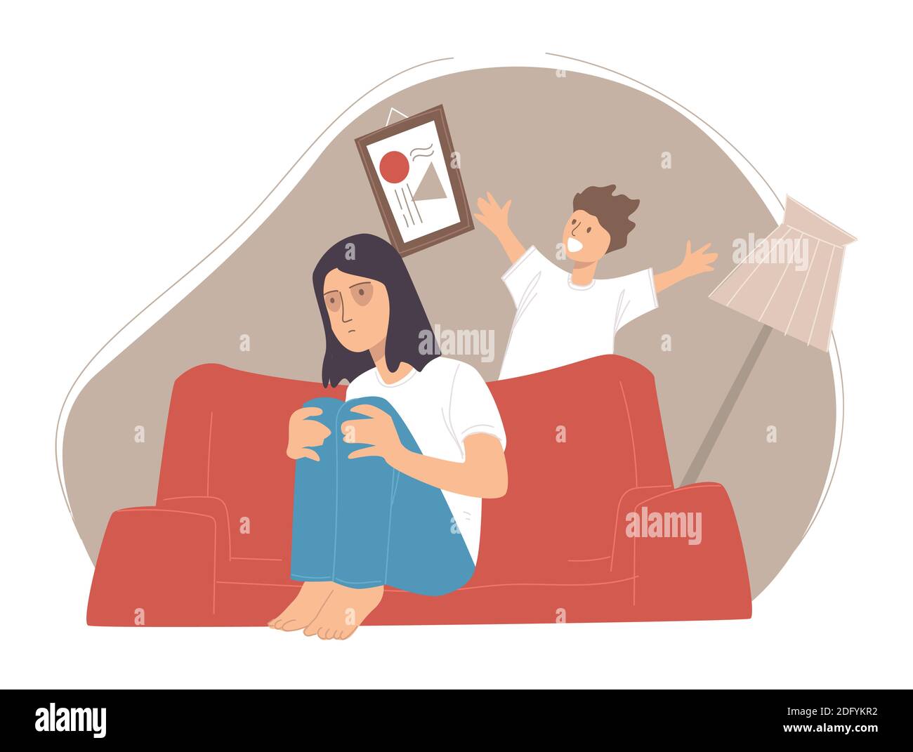 Donna depressa con occhi sonnolenti e figlio felice Illustrazione Vettoriale